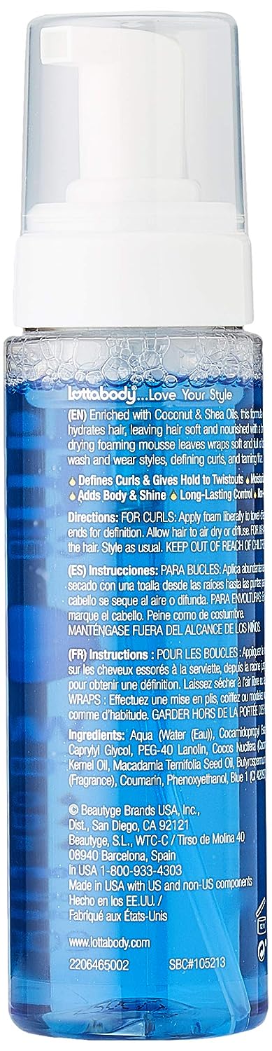 Lottabody Coconut Oil and Shea Wrap Me Foaming Curl Mousse , Gifts for Women, Stocking Stuffers, Creates Soft Wraps, Hair Mousse for Curly Hair, Defines Curls, Anti Frizz, 7 Fl Oz