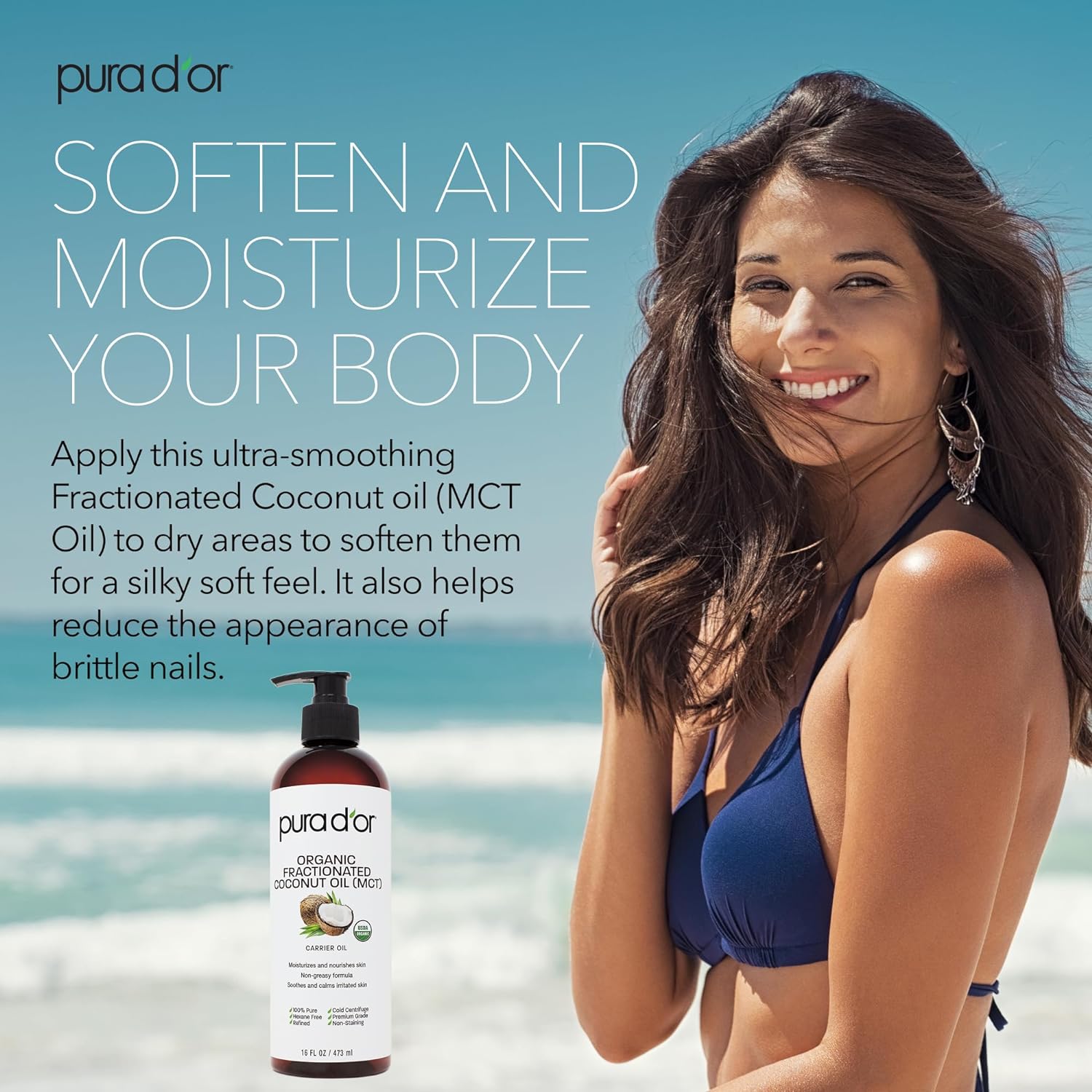 PURA D'OR 16 Oz Organic Fractionated Coconut Oil - 100% Pure & Natural USDA Certified Cold Pressed Carrier Oil, Scent-Free - Aciete De Coco Liquid Moisturizer For Face Skin & Hair, Men & Women - 24hrsmart