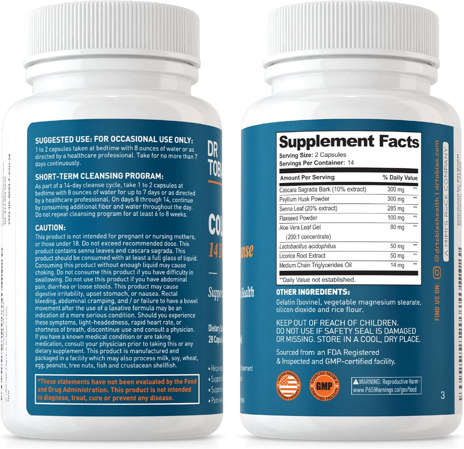 Dr. Tobias Colon 14 Day Cleanse, Advanced Gut Cleanse Detox for Women & Men with Cascara Sagrada, Psyllium Husk, Senna Leaf & Probiotics, Non-GMO Colon Cleanse, 28 Capsules 1-2 Daily 24Hr Smart