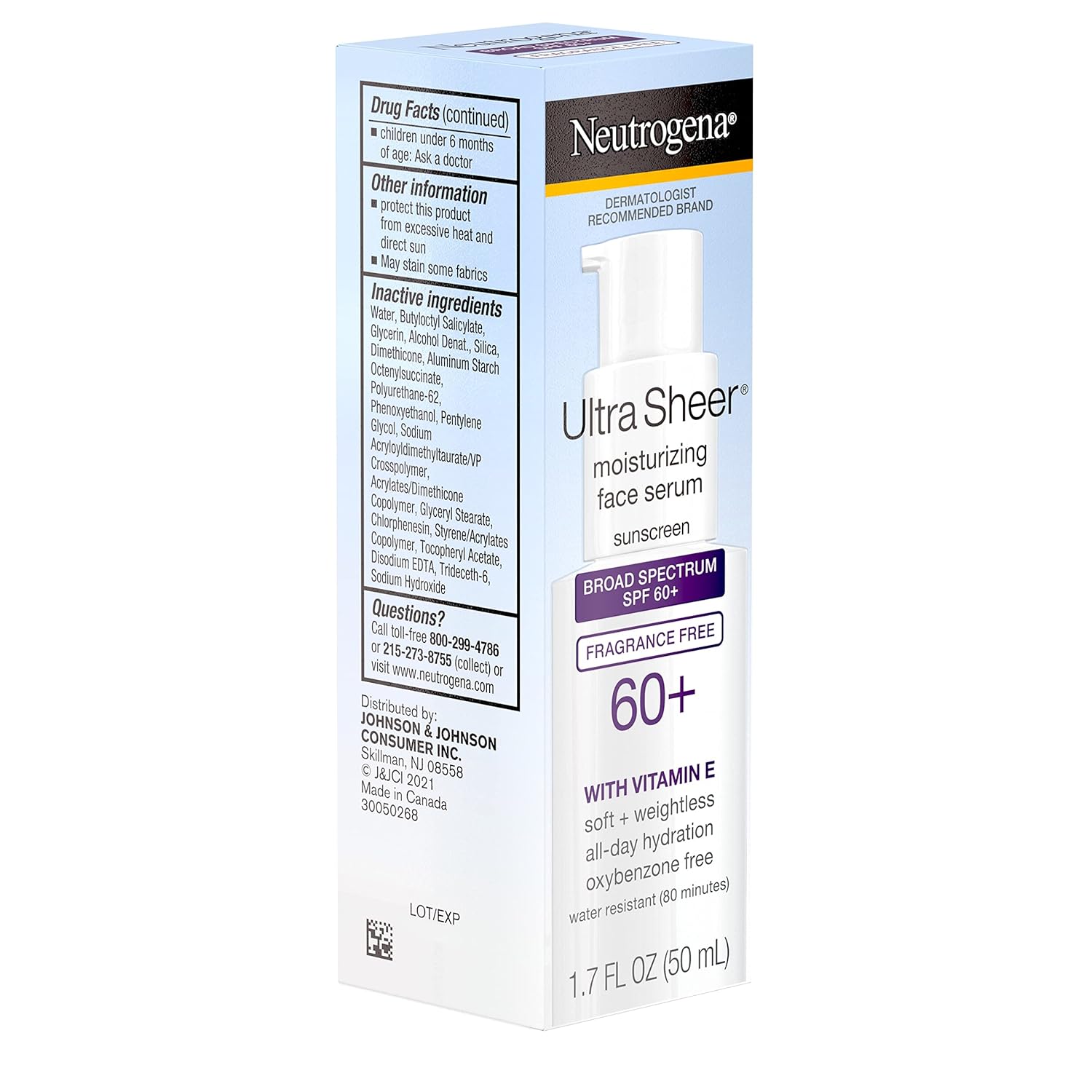 Neutrogena Ultra Sheer Moisturizing Face Serum with Vitamin E & SPF 60+, All Day Facial Sunscreen Serum with Broad Spectrum UVA/UVB Protection, Fragrance-Free, Oxybenzone-Free, 1.7 oz