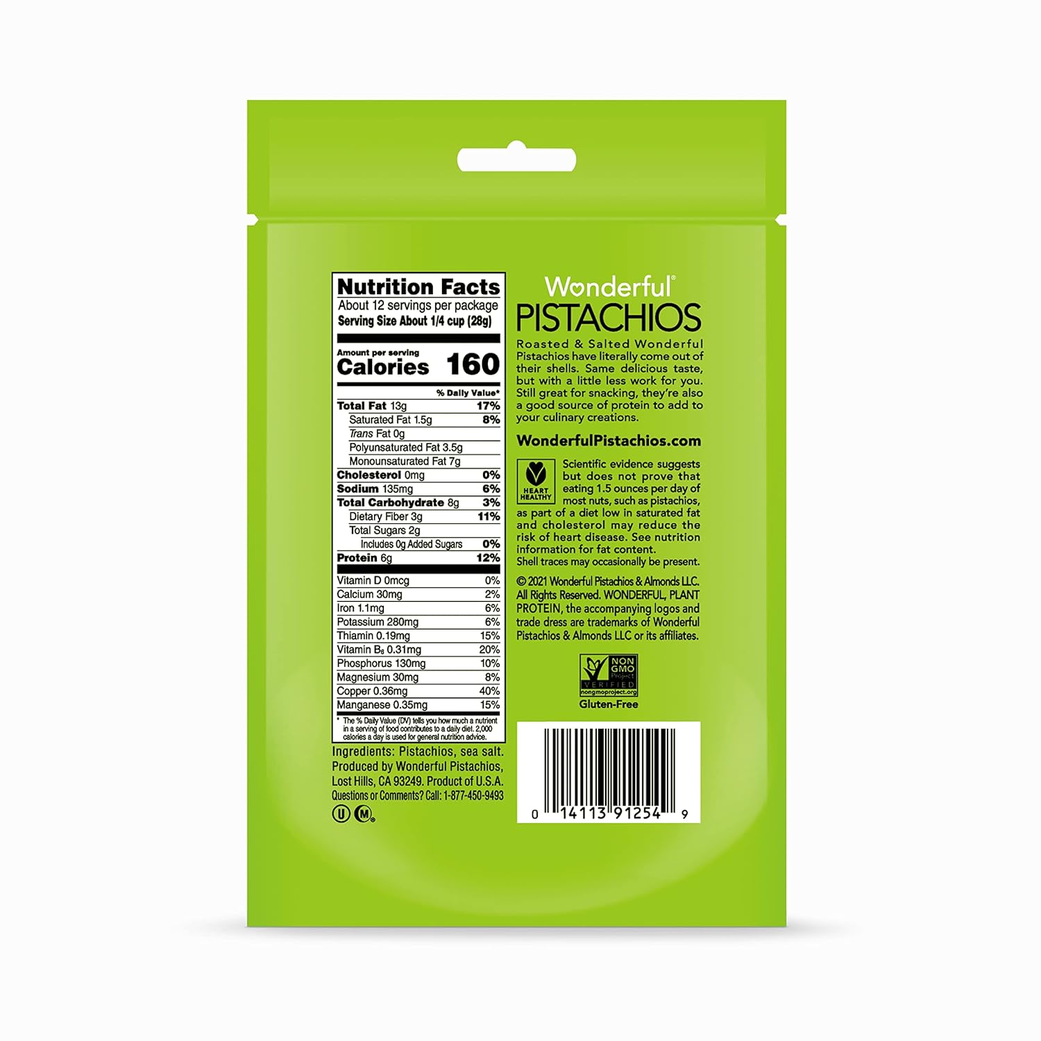 Wonderful Pistachios, No Shells, Roasted and Salted Nuts, 12 Ounce Resealable Bag, Good Source of Protein, Gluten Free, On-the Go-Snack - 24hrsmart