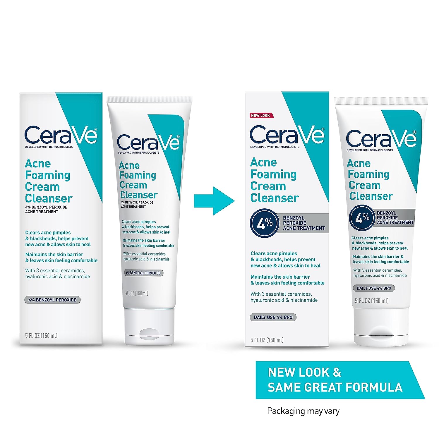 CeraVe Acne Foaming Cream Cleanser | Acne Treatment Face Wash with 4% Benzoyl Peroxide, Hyaluronic Acid, and Niacinamide | Cream to Foam Formula | Fragrance Free & Non Comedogenic | 5 Oz - 24hrsmart