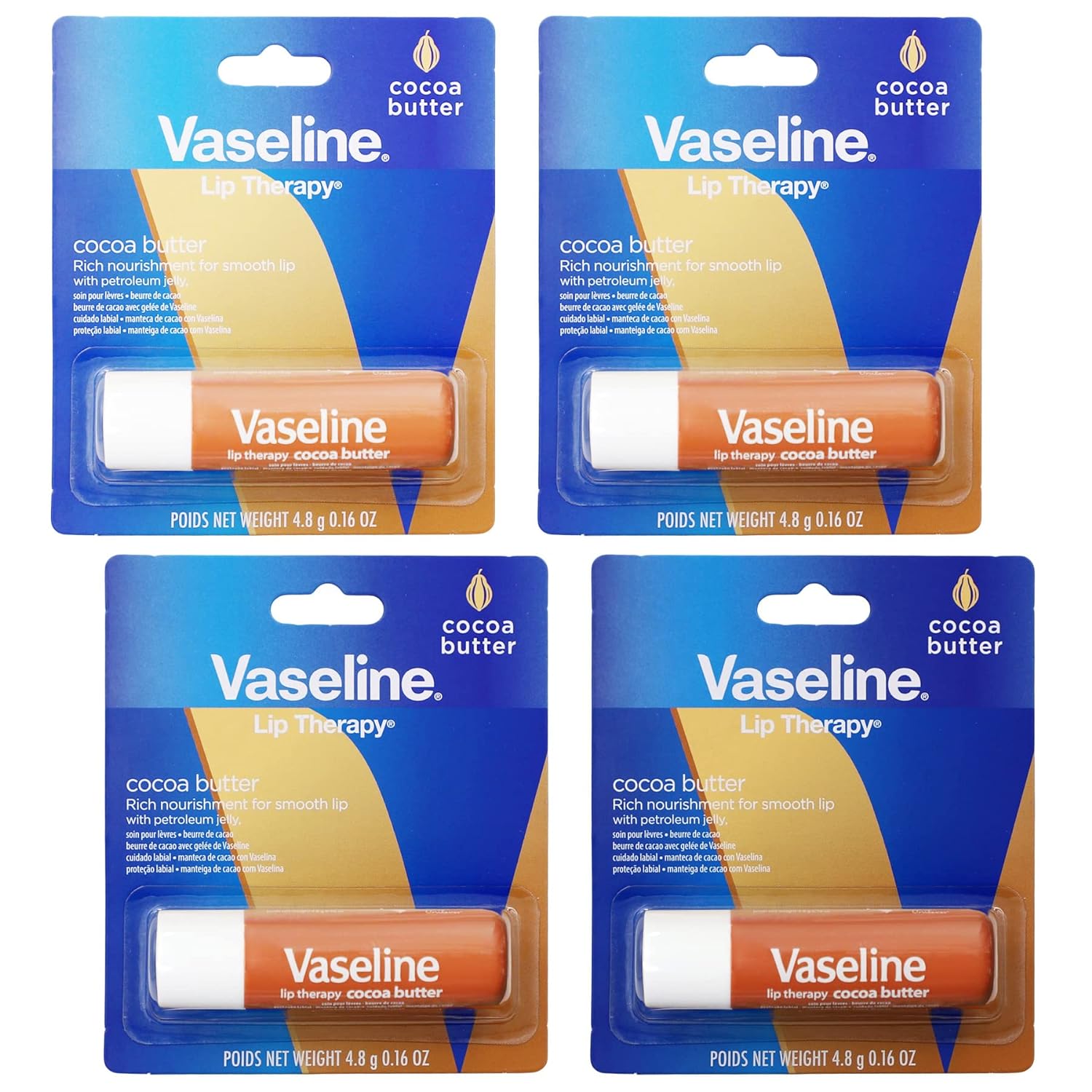 Vaseline Lip Therapy Care Cocoa Butter, Fast-Acting Nourishment, Ideal for Chapped, Dry, Cracked, or Damaged Lips, Lip Balm, 4-Pack, 0.16 Oz Each - 24hrsmart