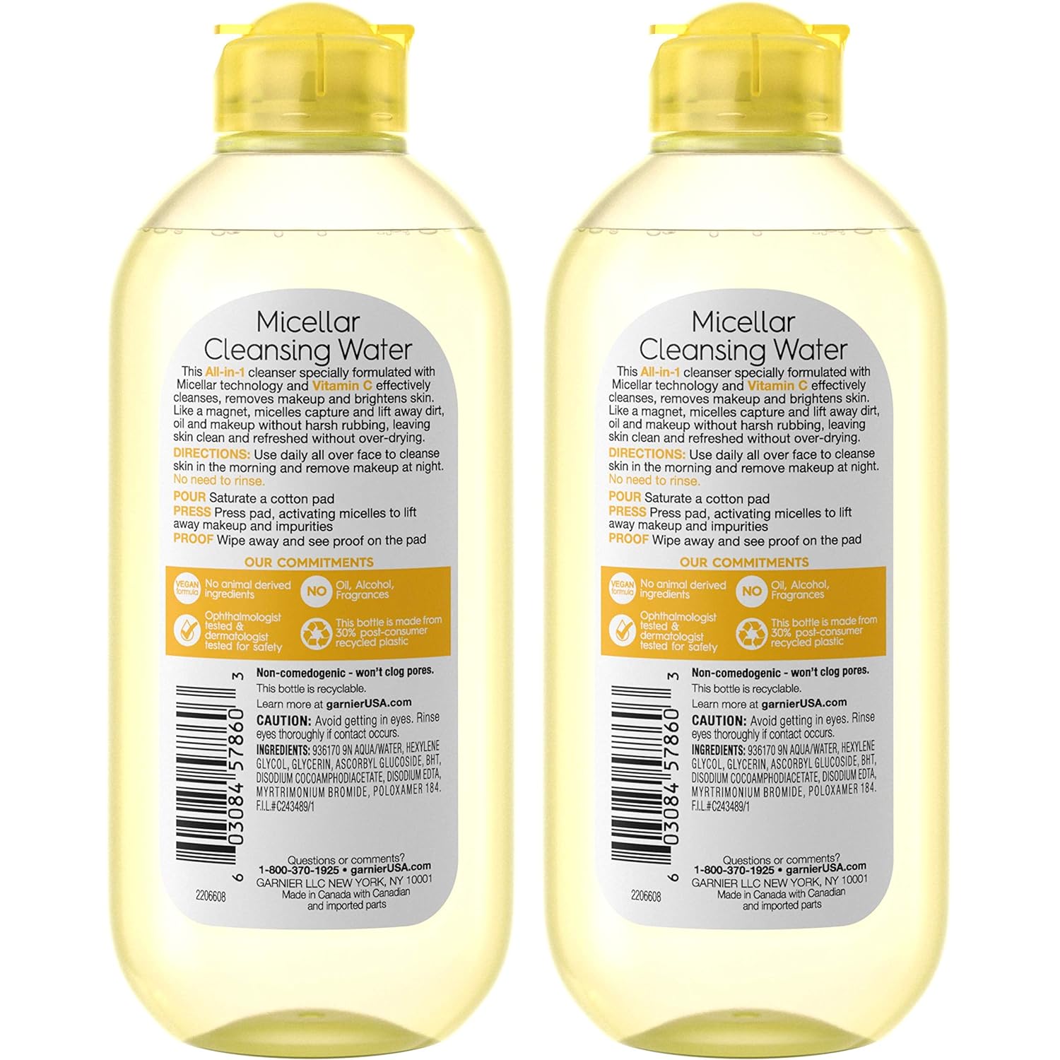 Garnier SkinActive Micellar Water with Vitamin C, Facial Cleanser & Makeup Remover, 13.5 Fl Oz (400mL), 2 Count (Packaging May Vary) - 24hrsmart