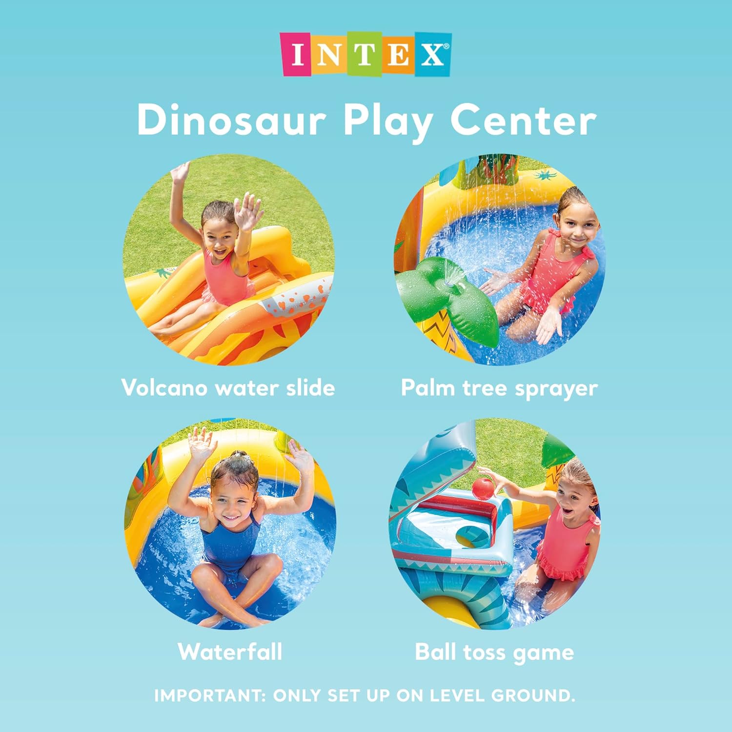 Intex Inflatable Dinosaur Play Center Outdoor Playhouse Inflatable Water Park with Kid Pool Slide, Water Sprayer, Waterfall, and 6 Balls, Multicolor 24hrsmart