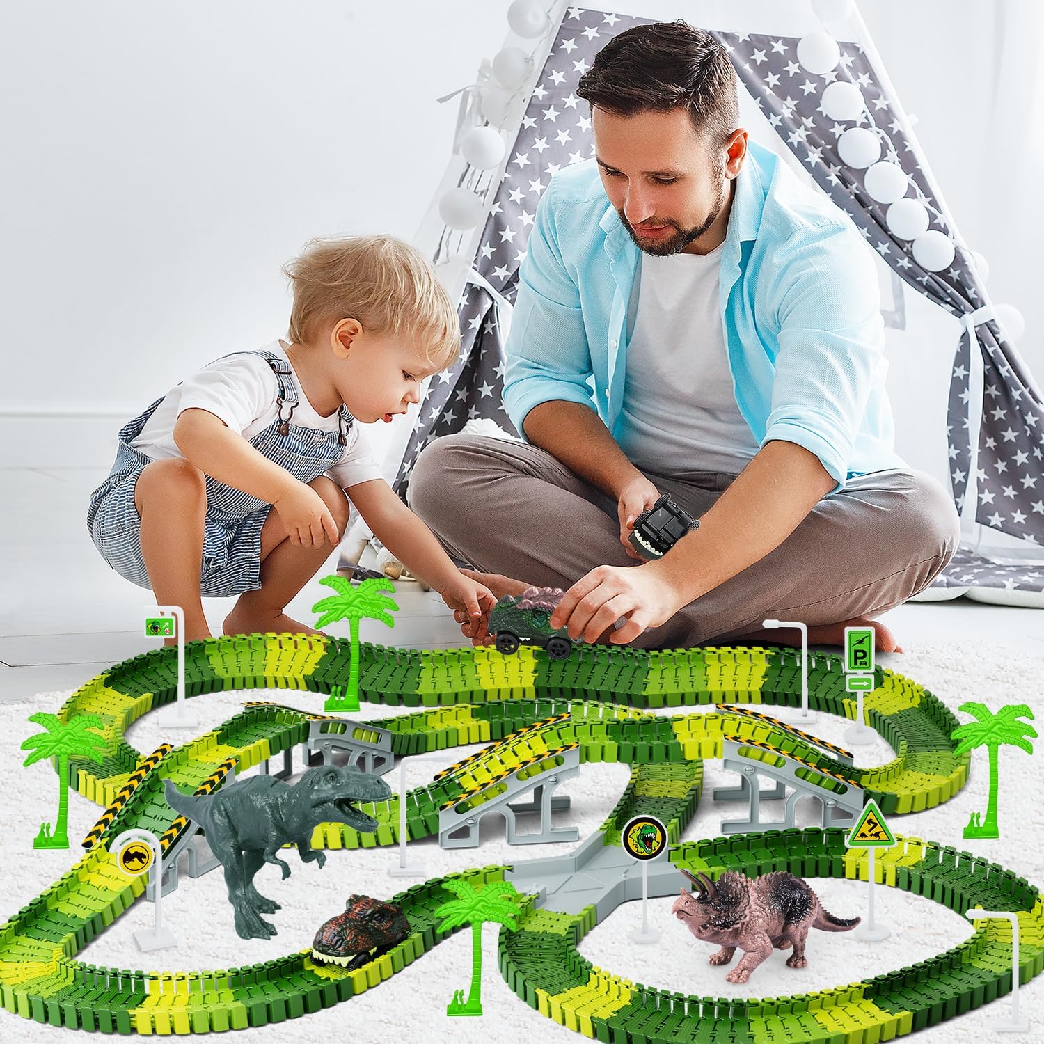 Dinosaur Toys, 252 PCS Create A Dinosaur World Road Race Tracks, Flexible Track Playset, 2pcs Dinosaur Car for 3 4 5 6 Year Old Boys Girls Birthday Party Favor Gift 24hrsmart