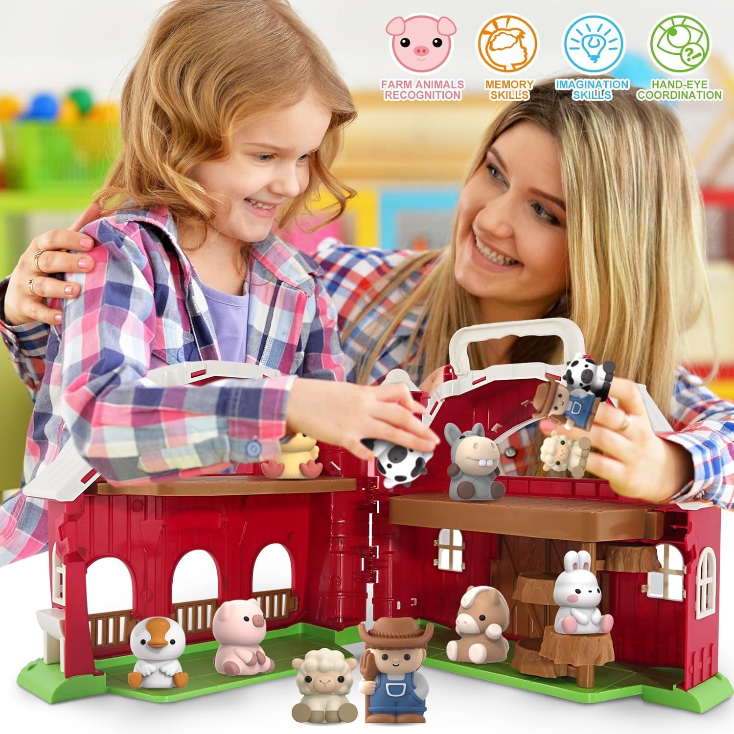 Toys for 1 2 3 Years Old Boys and Girls, Big Barn Toy with Farm Animal, Preschool Montessori Toy, Farm Playset with Big Red Barn & Farmer 24hrsmart