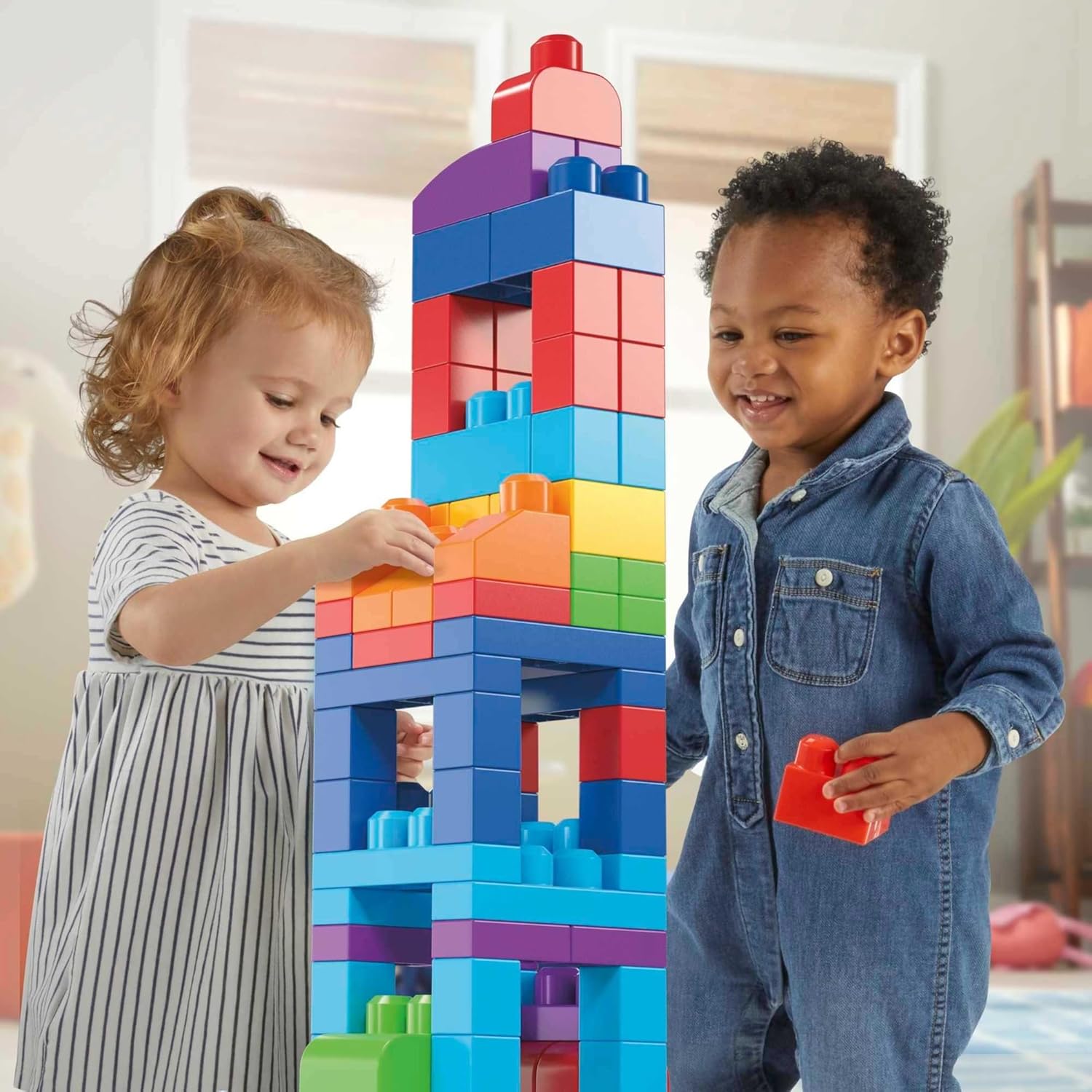 MEGA BLOKS First Builders Toddler Blocks Toys Set, Big Building Bag with 80 Pieces and Storage, Pink, Ages 1+ Years 24hrsmart