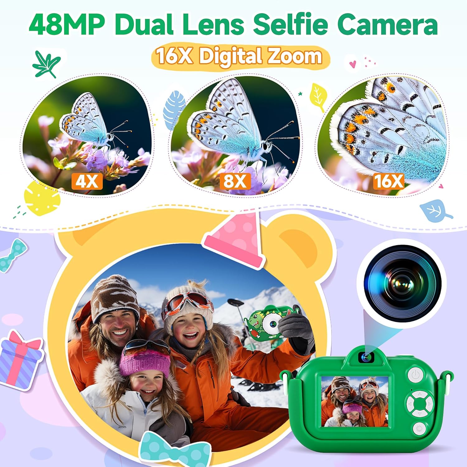 Kids Camera Boys Toys for 3 4 5 6 7 8 9 Years Old Boys, 48MP Dual Lens Kids Digital Camera Toddler Camera Christmas Birthday Gifts, 1080P HD Video Selfie Camera with 32G SD Card 24hrsmart