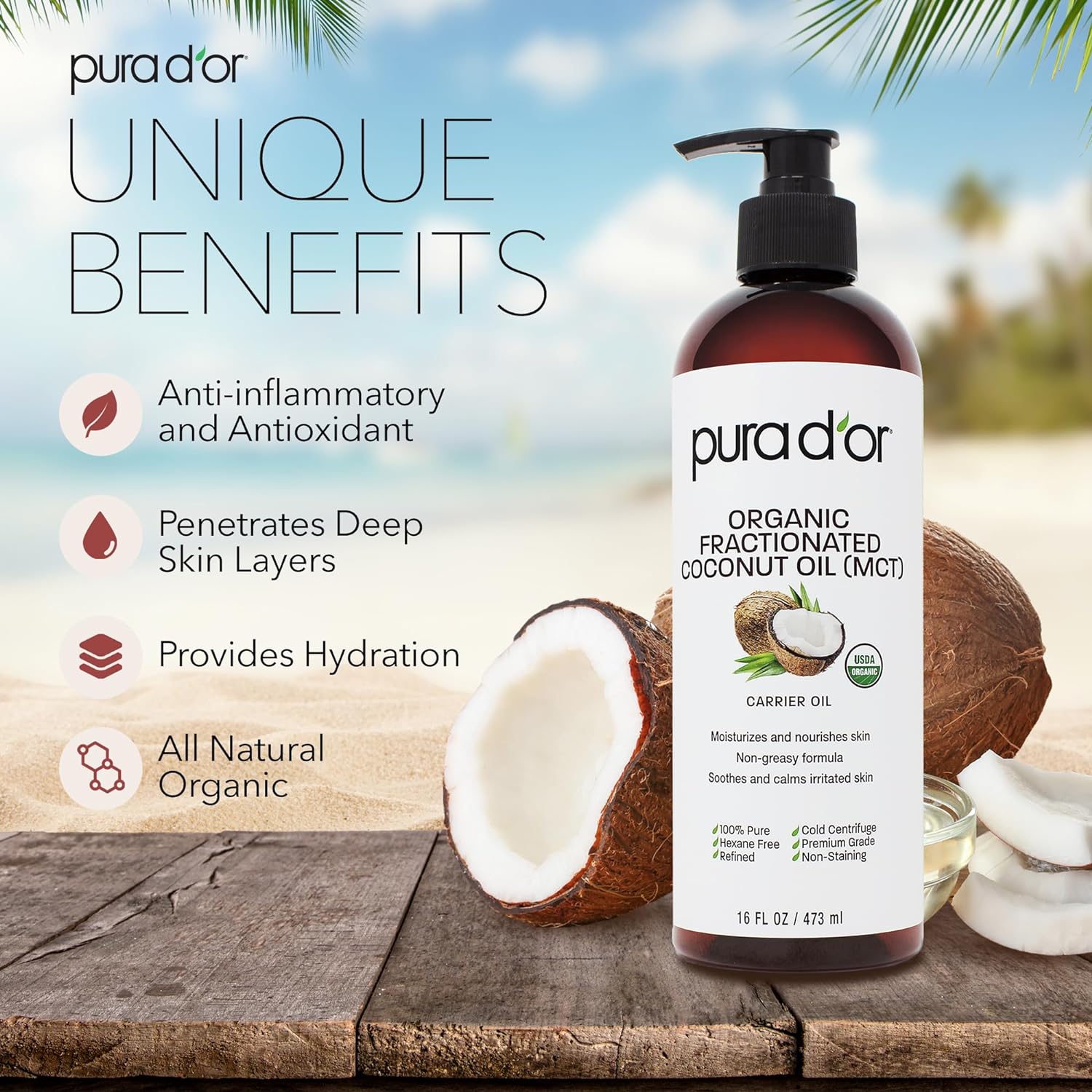 PURA D'OR 16 Oz Organic Fractionated Coconut Oil - 100% Pure & Natural USDA Certified Cold Pressed Carrier Oil, Scent-Free - Aciete De Coco Liquid Moisturizer For Face Skin & Hair, Men & Women - 24hrsmart