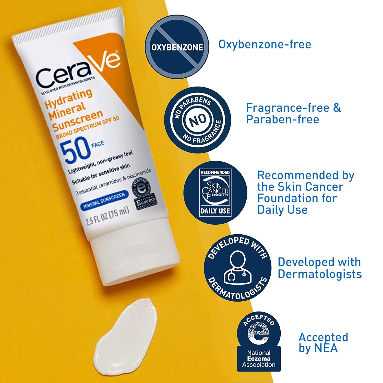CeraVe 100% Mineral Sunscreen SPF 50 | Face Sunscreen with Zinc Oxide & Titanium Dioxide for Sensitive Skin | With Hyaluronic Acid, Niacinamide, and Ceramides | 2.5 oz - 24hrsmart