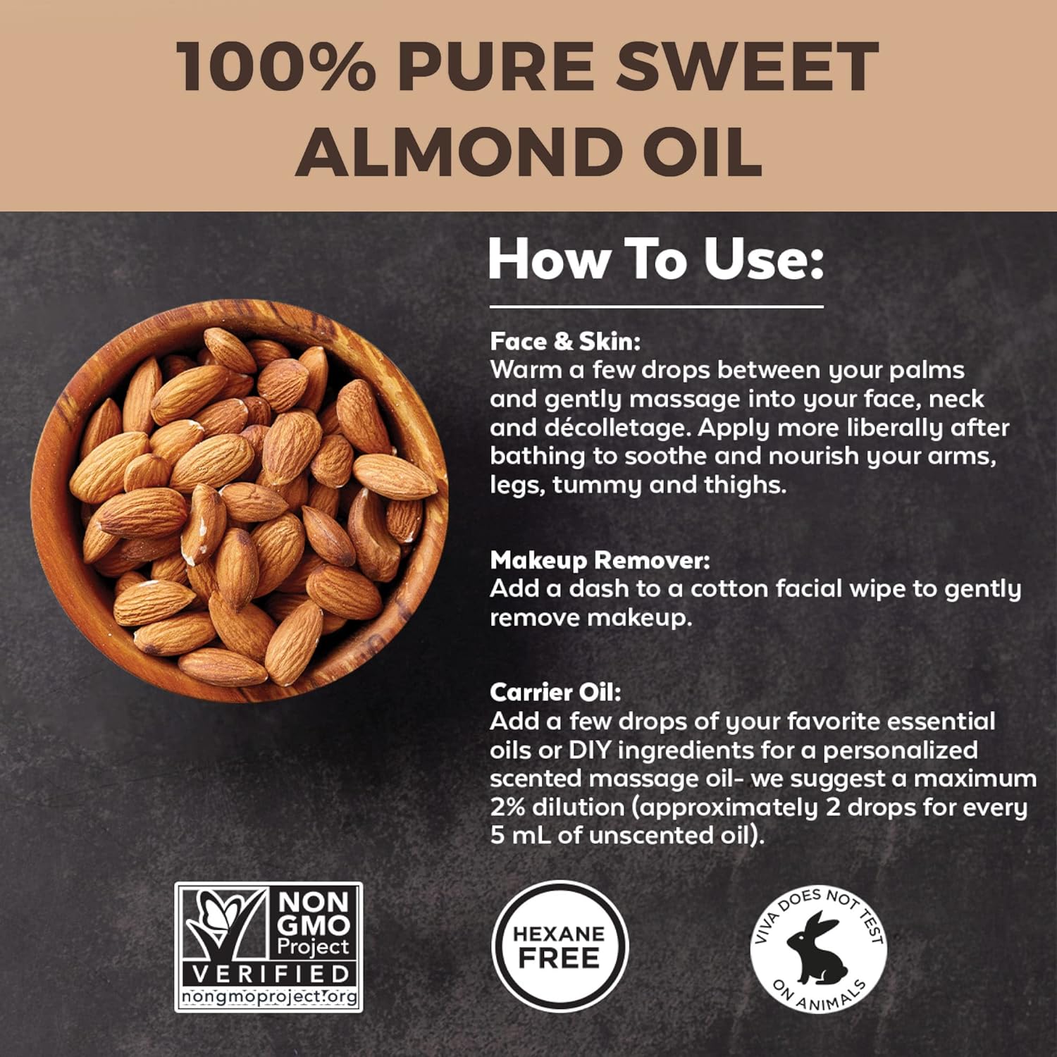 Viva Naturals Sweet Almond Oil - 100% Pure Hair and Skin Softener, Non-Greasy for Massage, Carrier Oil for Essential Oils and DIY Beauty Blends, Expeller-Pressed Almond Oil for Body, Non-GMO, 16 fl oz - 24hrsmart