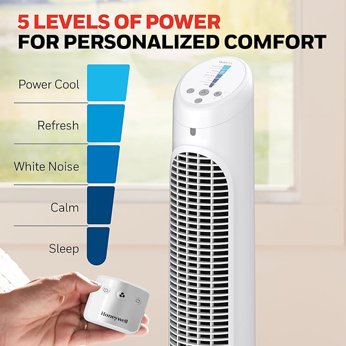 Honeywell tower fan with remote control and five power levels for personalized comfort.