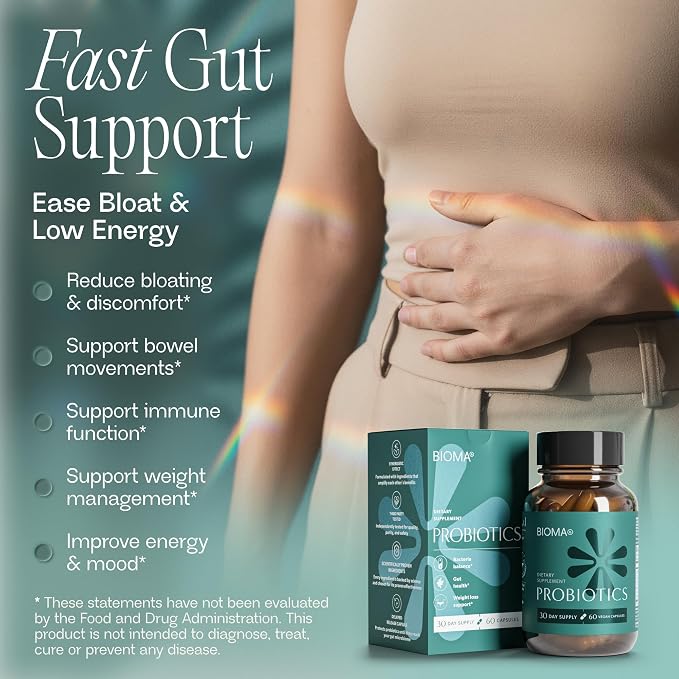 Vegan Bioma synbiotic supplement with gluten-free and non-GMO formula for gut balance.
