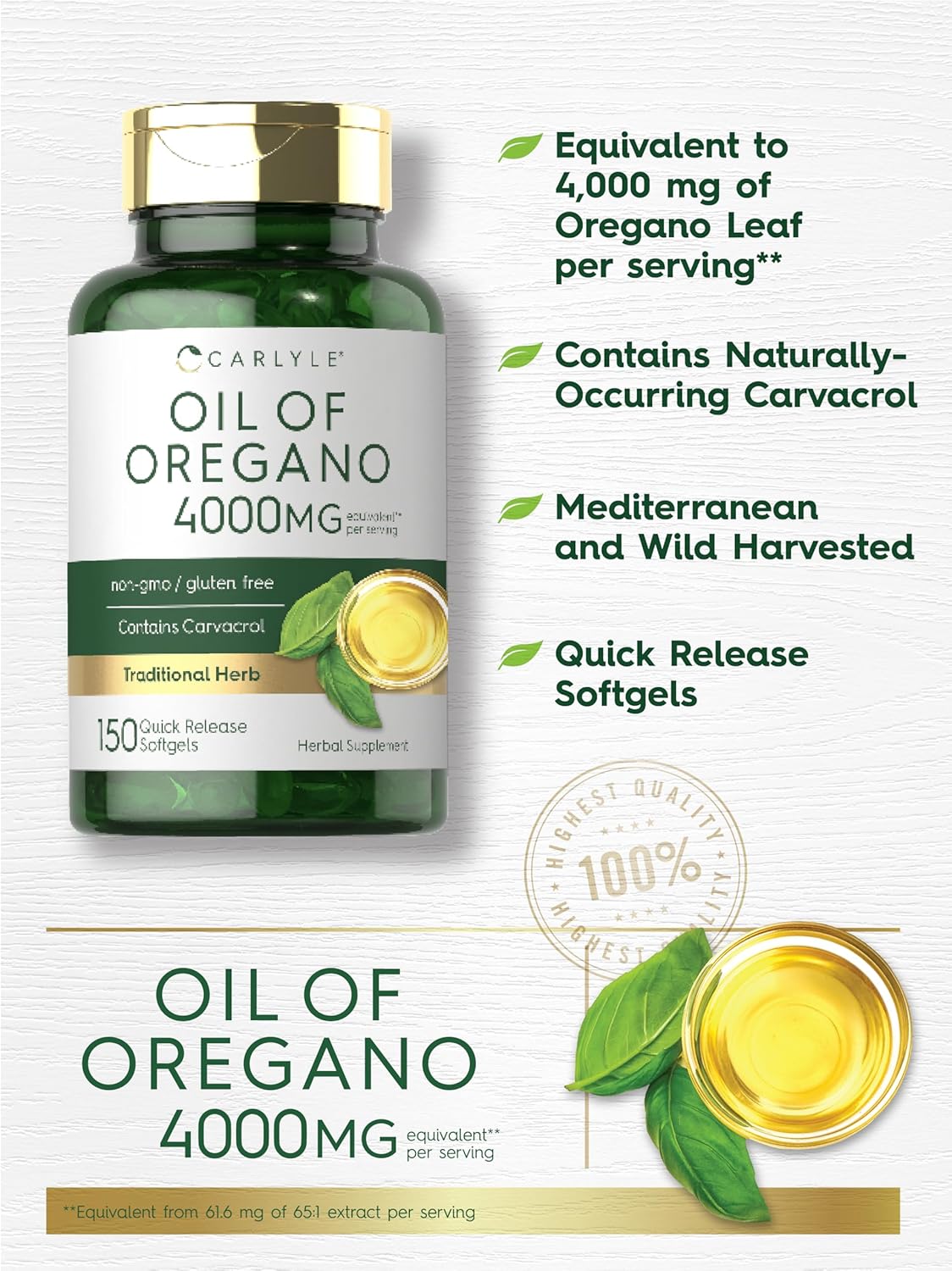 Carlyle Oregano Oil 4000mg Supplement | 150 Softgel Capsules | Contains Carvacrol | Non-GMO & Gluten Free Formula 24hrsmart