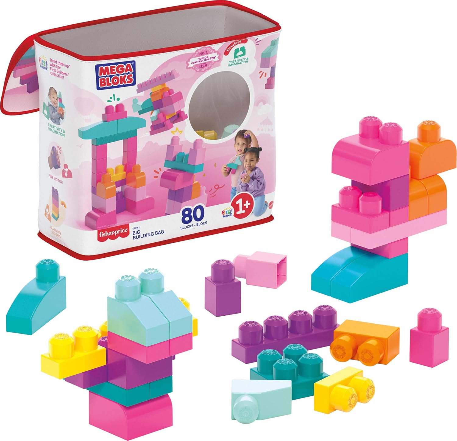 MEGA BLOKS First Builders Toddler Blocks Toys Set, Big Building Bag with 80 Pieces and Storage, Pink, Ages 1+ Years 24hrsmart