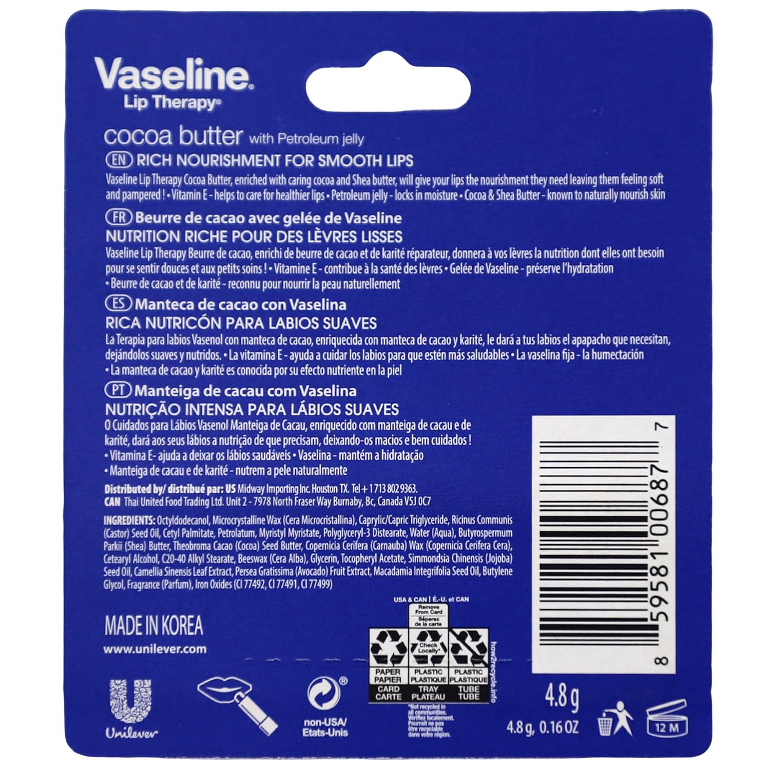 Vaseline Lip Therapy Care Cocoa Butter, Fast-Acting Nourishment, Ideal for Chapped, Dry, Cracked, or Damaged Lips, Lip Balm, 4-Pack, 0.16 Oz Each - 24hrsmart