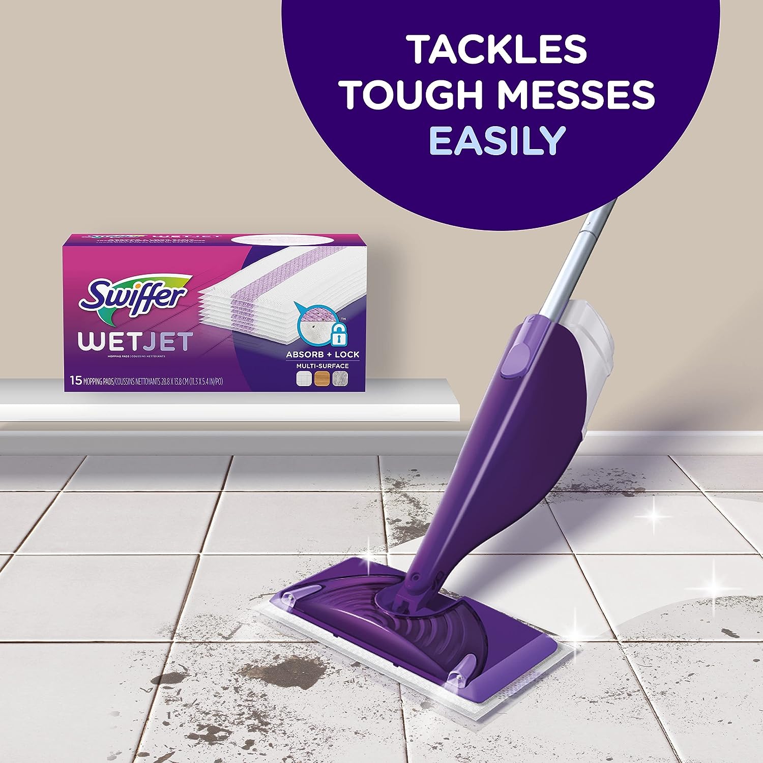 Swiffer WetJet Hardwood and Floor Spray Mop Cleaner Starter Kit, Includes: 1 Power Mop, 10 Pads, Cleaning Solution, Batteries - 24hrsmart