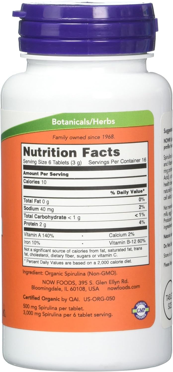 NOW Foods Spirulina, 500 mg, Organic, 100 Tablets 24Hr Smart