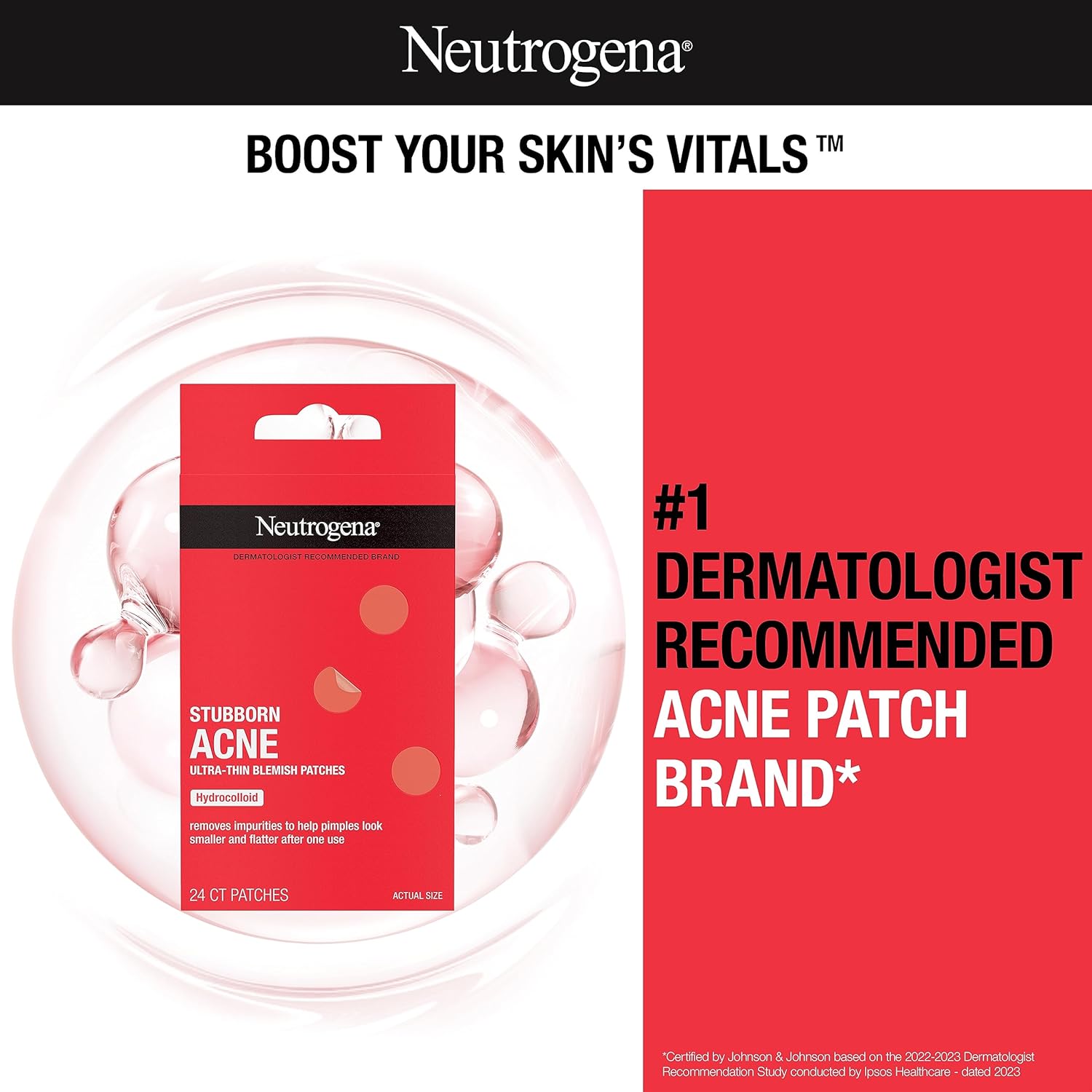 Neutrogena Stubborn Acne Pimple Patches, Acne Treatment for Face, Ultra-Thin Hydrocolloid Spot Stickers Provide Optimal Healing for Pimples, 24 Patches 24Hr Smart