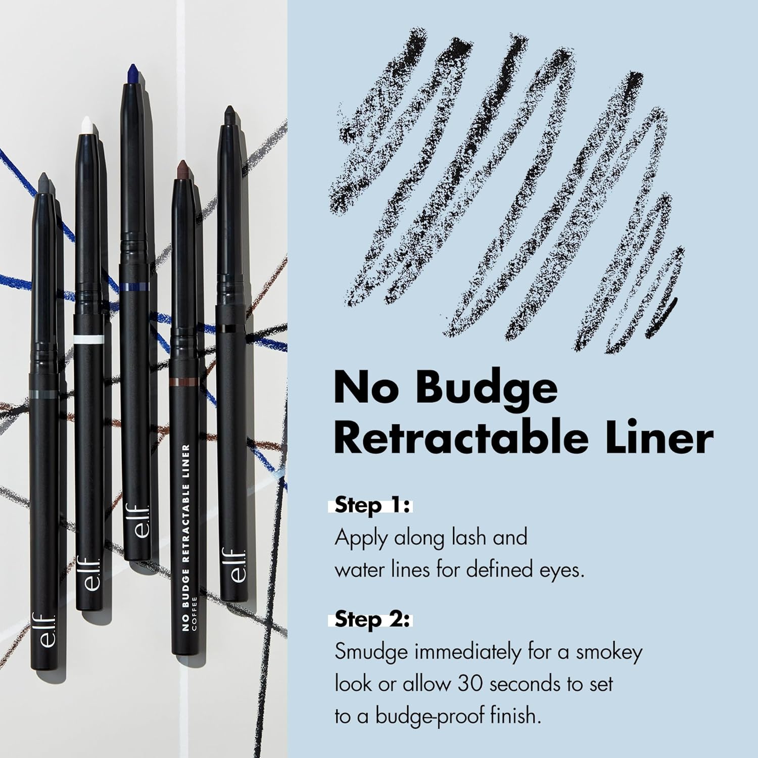 e.l.f. No Budge Retractable Eyeliner, Creamy, Ultra-Pigmented & Waterproof, Creates Bold & Defined Lines, Vegan & Cruelty-Free, Black 0.006 Oz 24Hr Smart