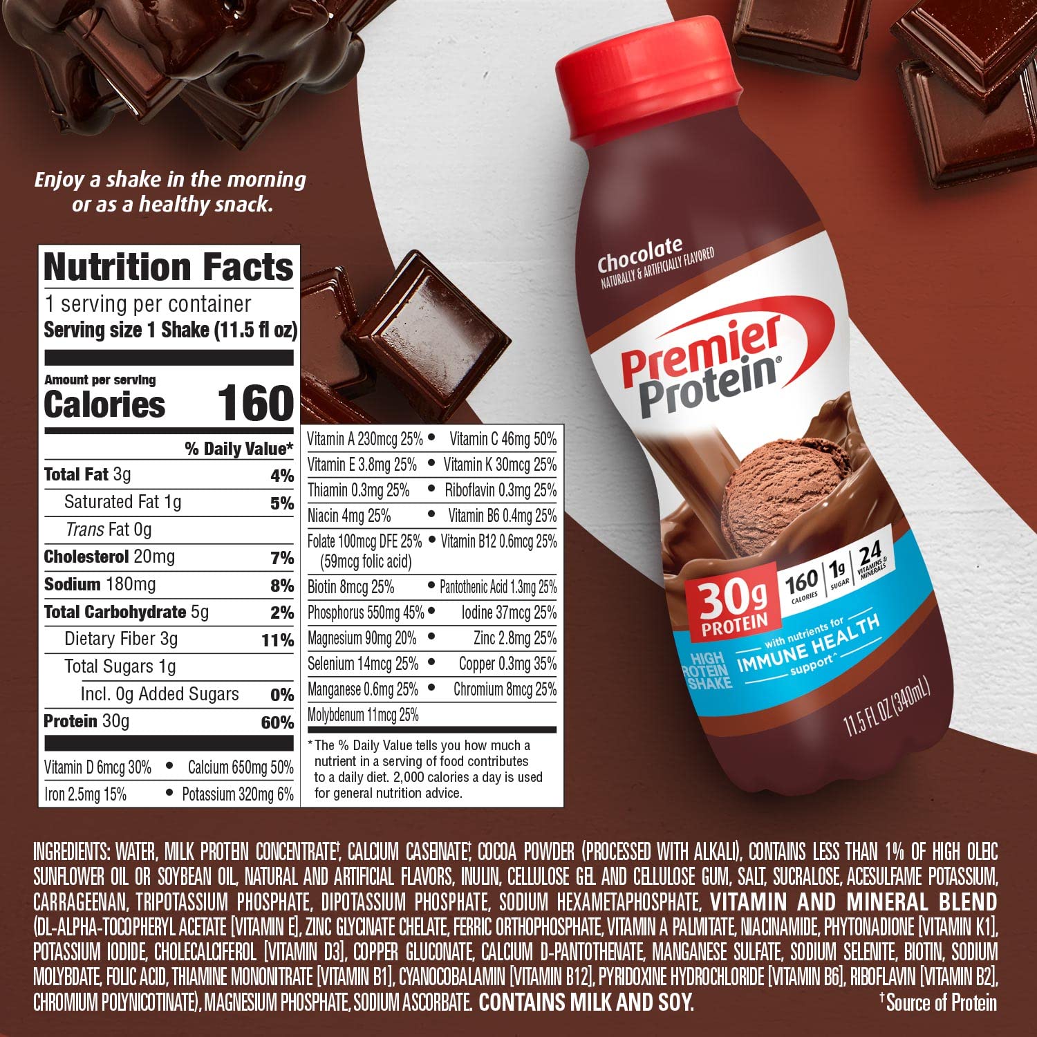 Premier Protein Shake 30g Protein 1g Sugar 24 Vitamins Minerals Nutrients to Support Immune Health For keto diet , Chocolate, 11.5 Fl Oz (Pack of 12), Liquid,Powder, Bottle 24Hr Smart