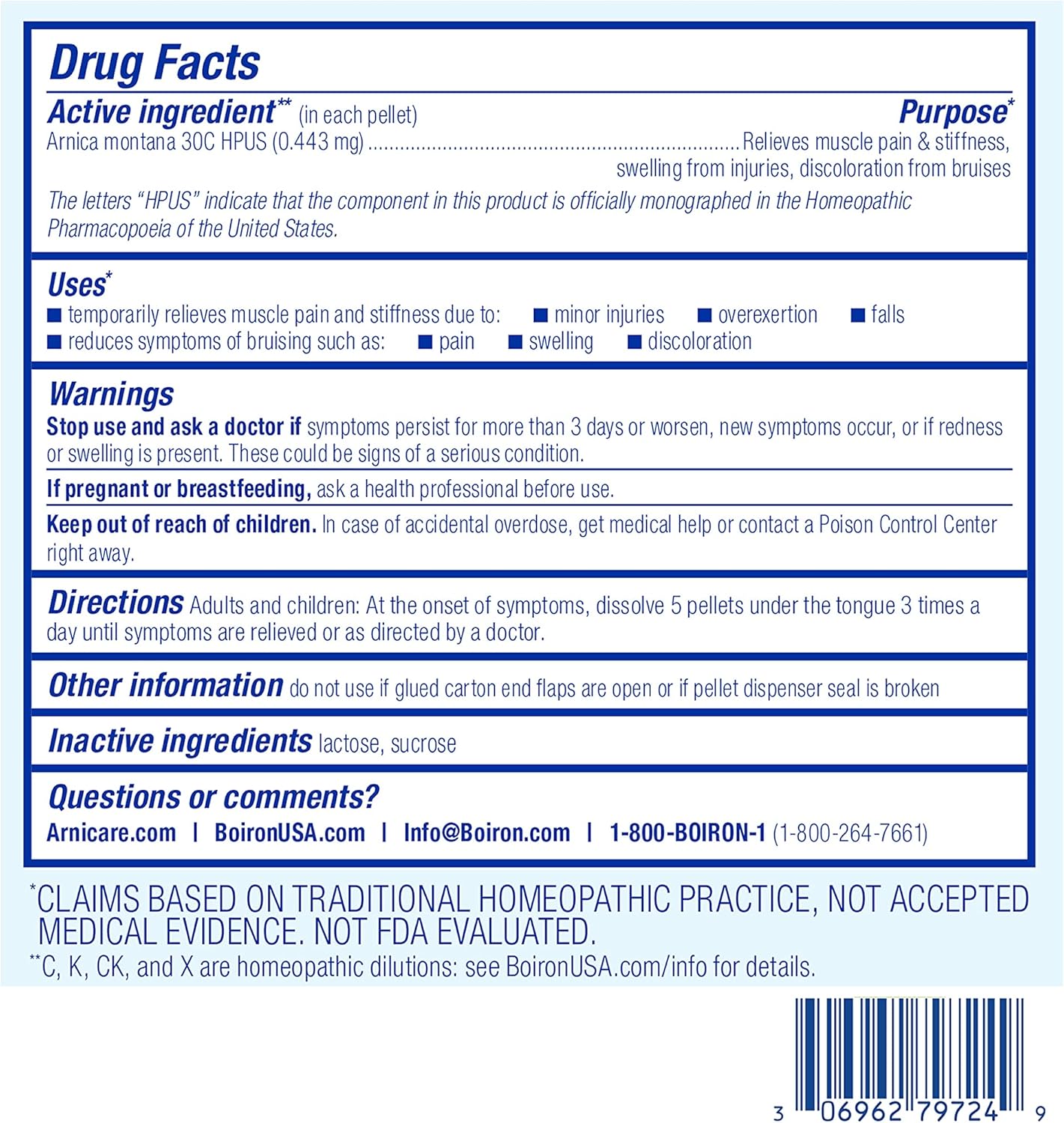 Boiron Arnica Montana 30C Homeopathic Medicine for Relief from Muscle Pain, Muscle Stiffness, Swelling from Injury, and Discoloration from Bruises - 3 Count (240 Pellets) 24Hr Smart