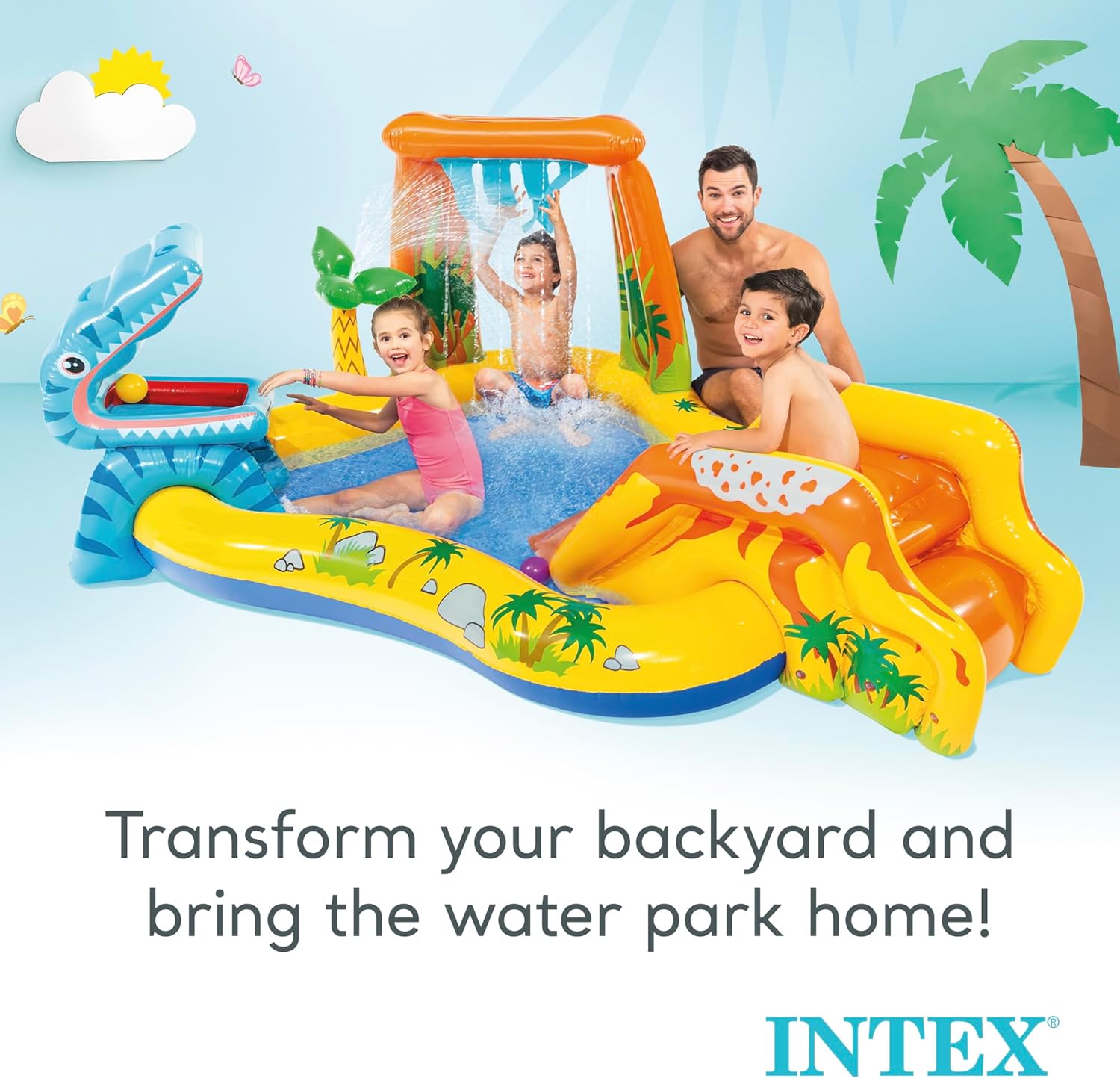 Intex Inflatable Dinosaur Play Center Outdoor Playhouse Inflatable Water Park with Kid Pool Slide, Water Sprayer, Waterfall, and 6 Balls, Multicolor 24hrsmart