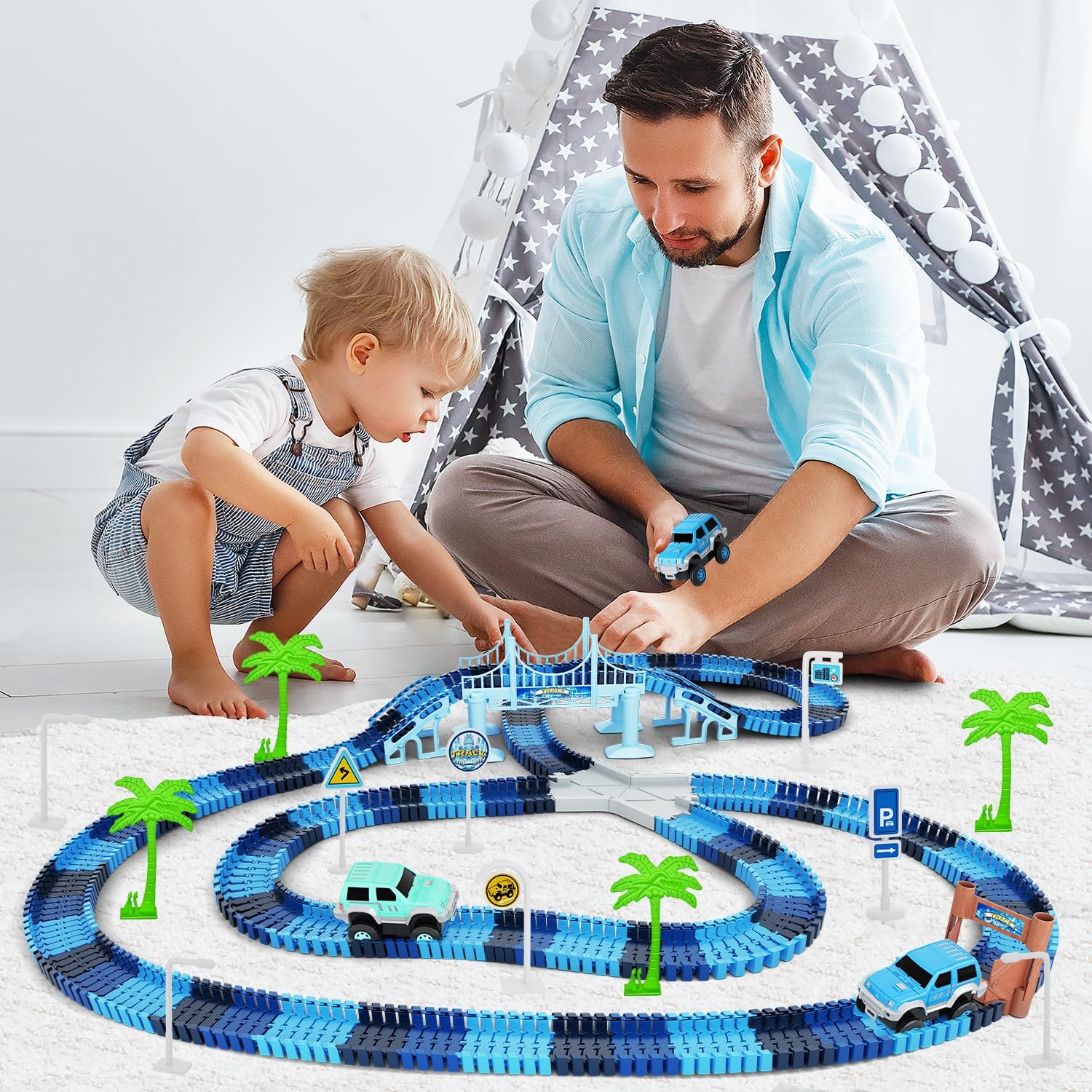 Dinosaur Toys, 252 PCS Create A Dinosaur World Road Race Tracks, Flexible Track Playset, 2pcs Dinosaur Car for 3 4 5 6 Year Old Boys Girls Birthday Party Favor Gift 24hrsmart