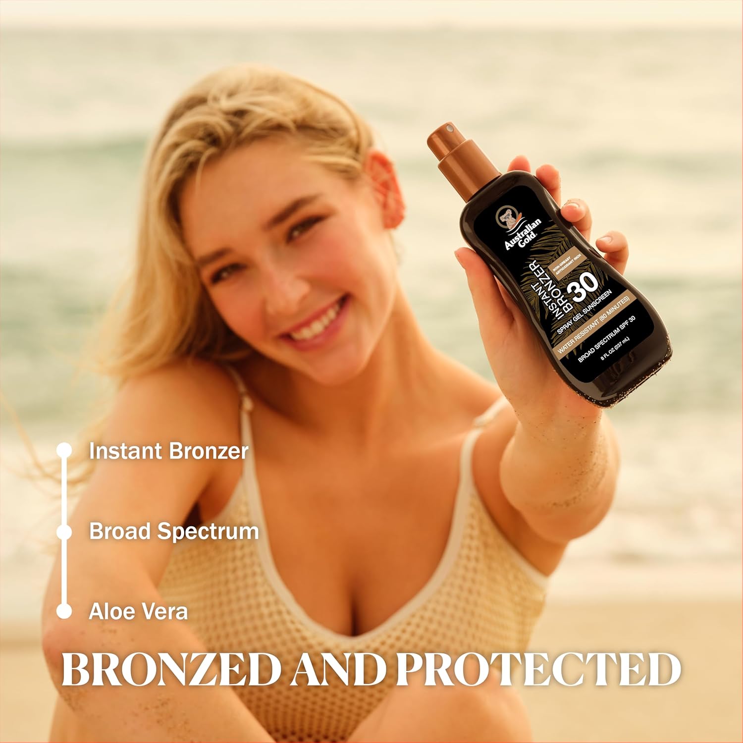 Australian Gold Spray Gel Sunscreen with Instant Bronzer SPF 30, 8 Ounce | Moisturize & Hydrate Skin | Broad Spectrum | Water Resistant | Non-Greasy | Oxybenzone Free | Cruelty Free 24Hr Smart