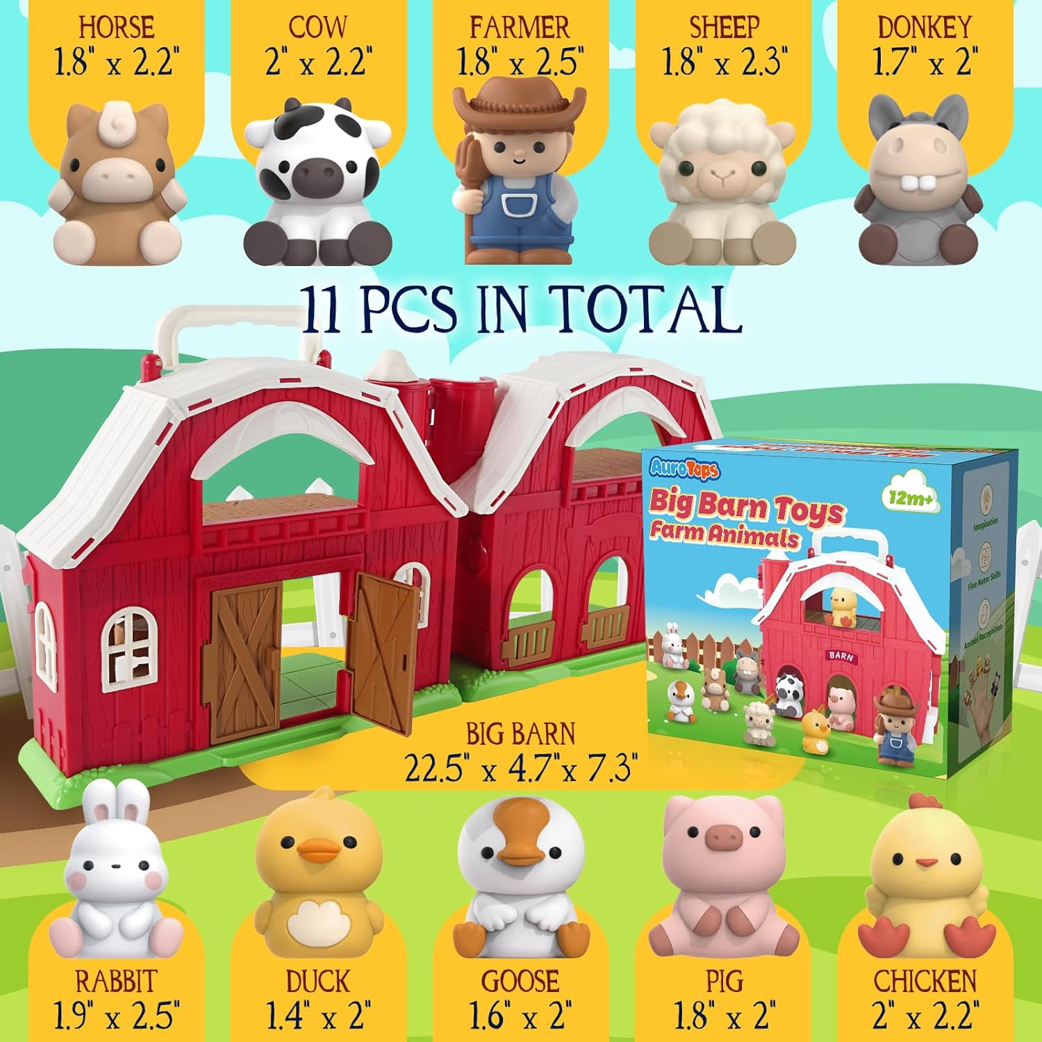Toys for 1 2 3 Years Old Boys and Girls, Big Barn Toy with Farm Animal, Preschool Montessori Toy, Farm Playset with Big Red Barn & Farmer 24hrsmart