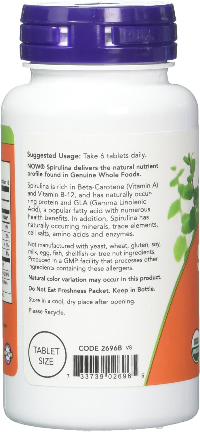 NOW Foods Spirulina, 500 mg, Organic, 100 Tablets 24Hr Smart