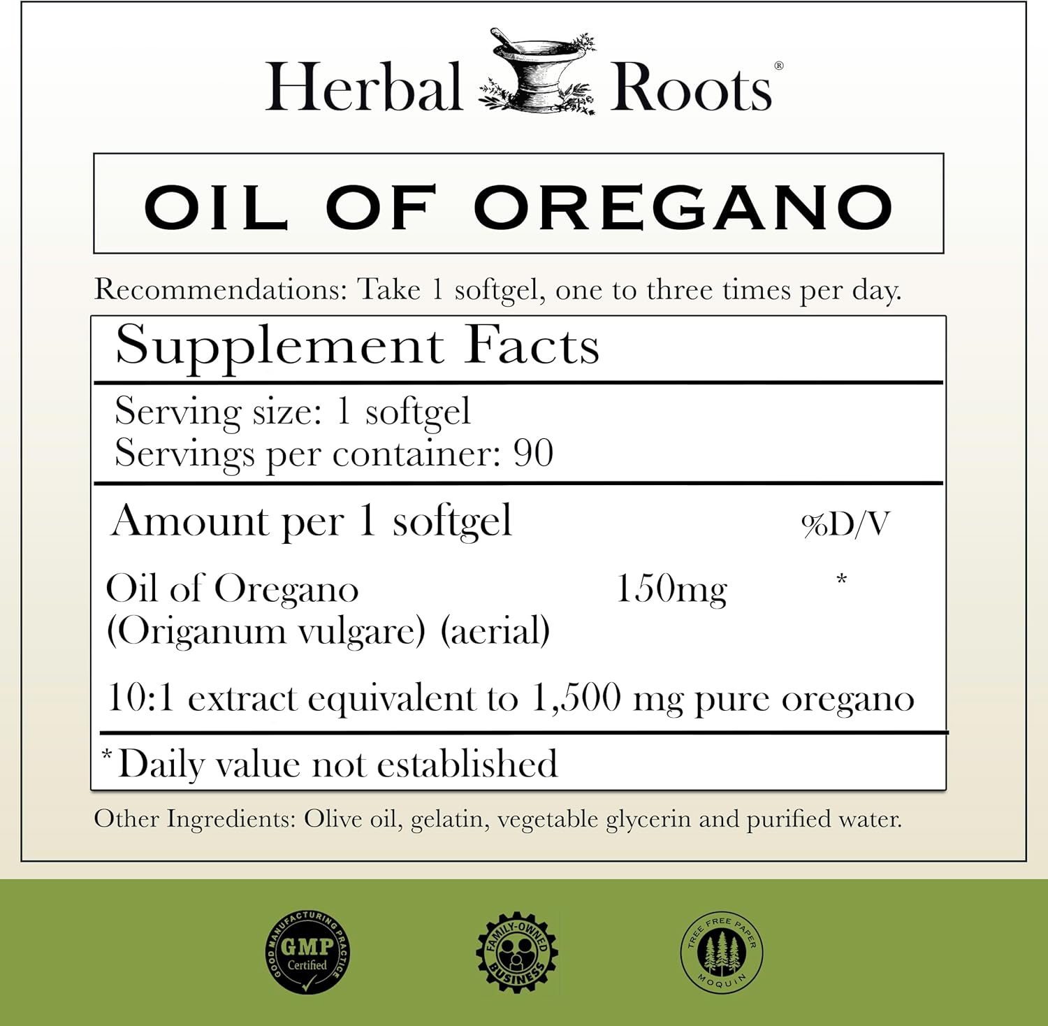 Herbal Roots Oil of Oregano - Made from Mediterranean Oregano Oil - 90 Easy to Swallow Softgel Capsules - Extra Strength 150mg 24hrsmart