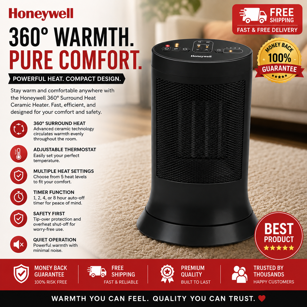 Honeywell Digital Ceramic Compact Tower Heater Black