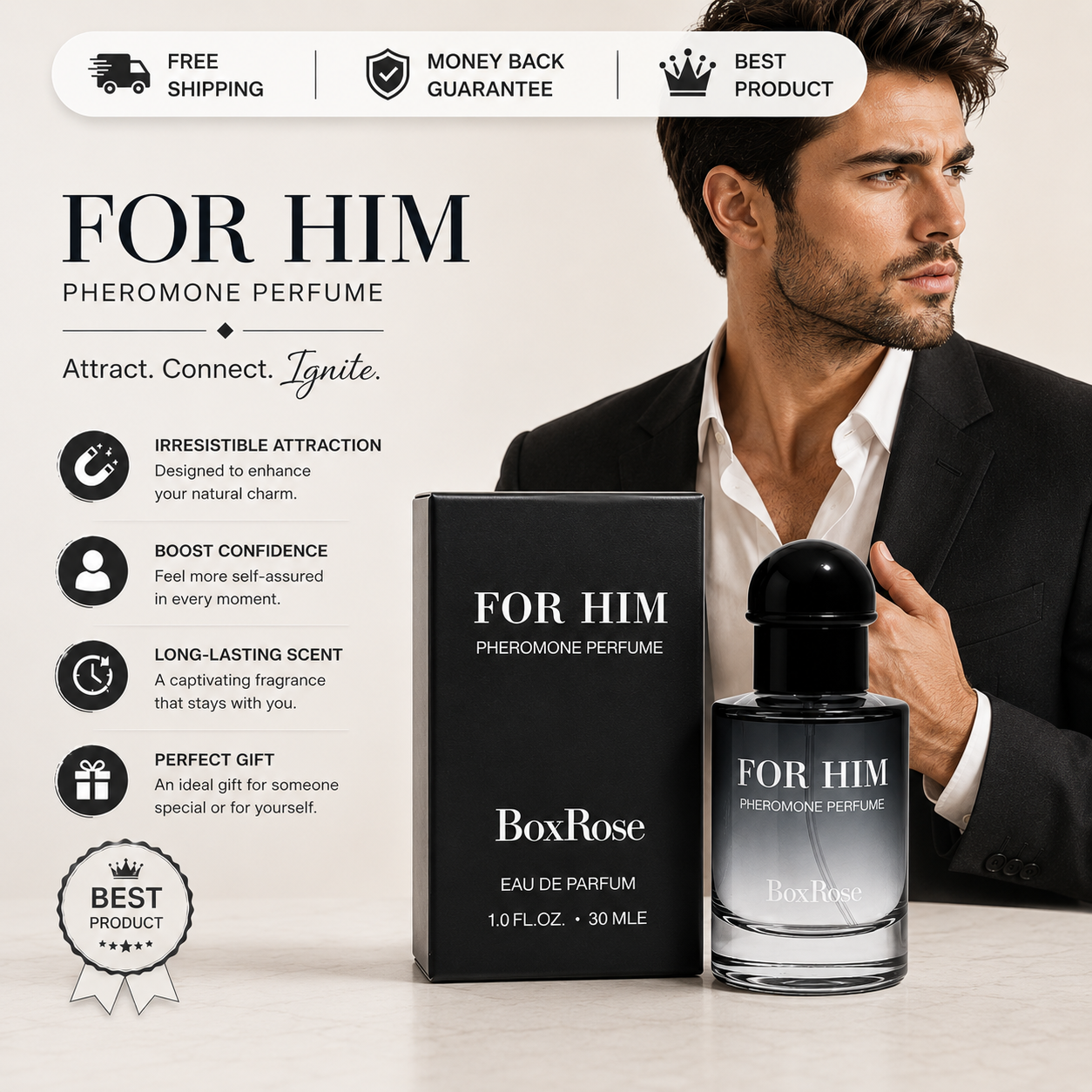 BoxRose For Him Pheromone Perfume 30ml Eau de Parfum – Long Lasting Cologne MEN
