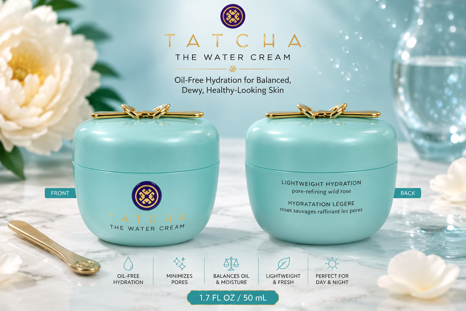 Tatcha THE WATER CREAM Oil-Free Pore Minimizing Moisturizer, Hydrating Gel 1.7 oz - 24hrsmart