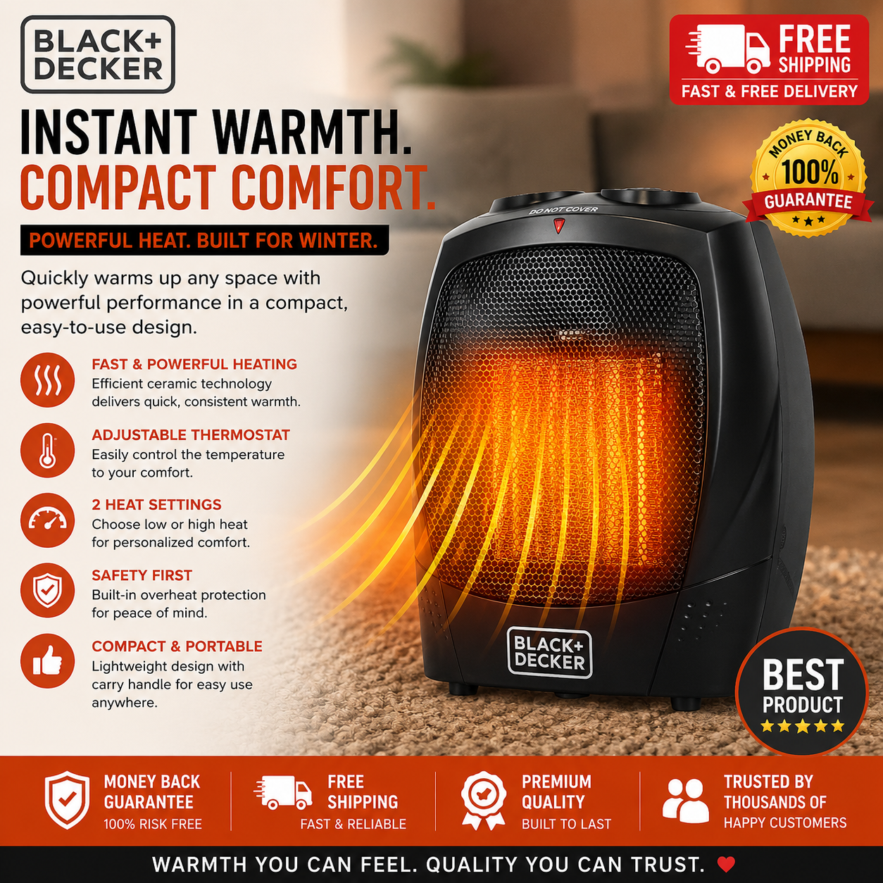BLACK+DECKER Personal Ceramic Space Heater – Portable Indoor Heater with Adjustable Thermostat, Fan & Safety Shutoff