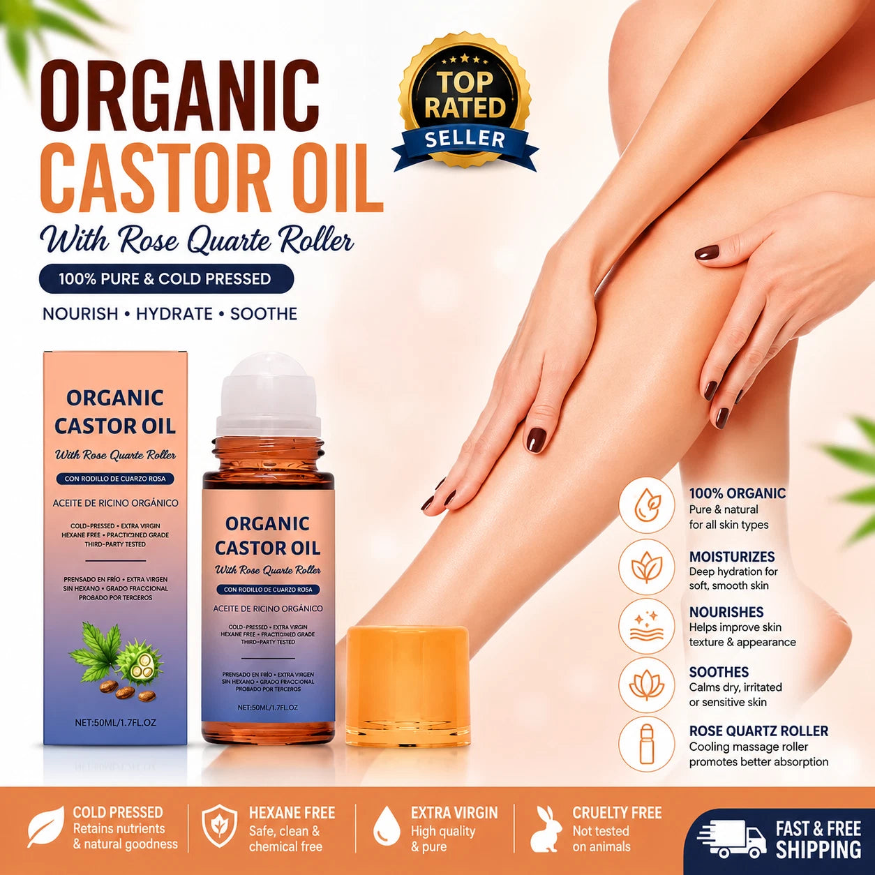 Organic Golden Castor Oil Roll-On With Rose Quartz For Skin, Hair, Wrinkle - 24hrsmart