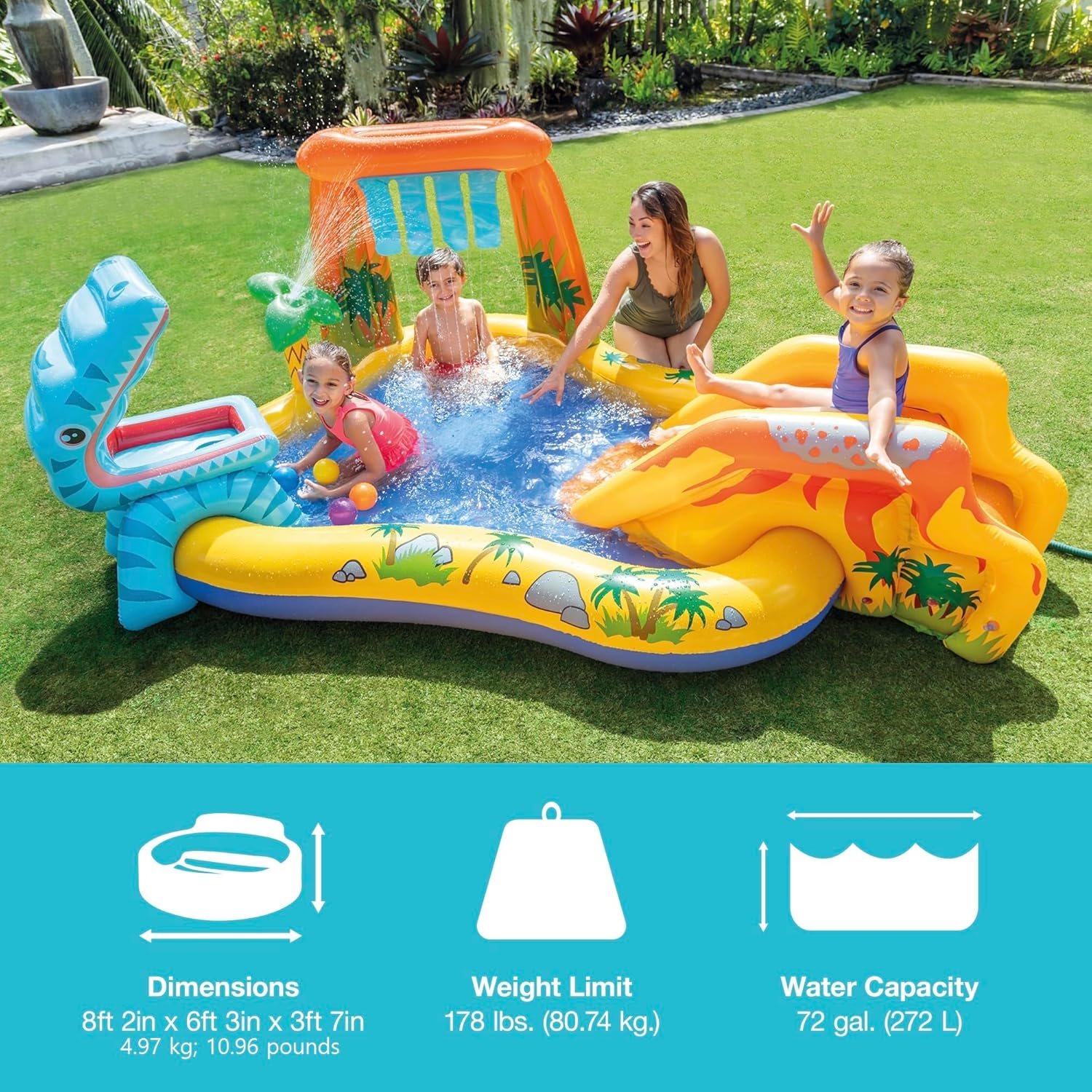 Intex Inflatable Dinosaur Play Center Outdoor Playhouse Inflatable Water Park with Kid Pool Slide, Water Sprayer, Waterfall, and 6 Balls, Multicolor 24hrsmart