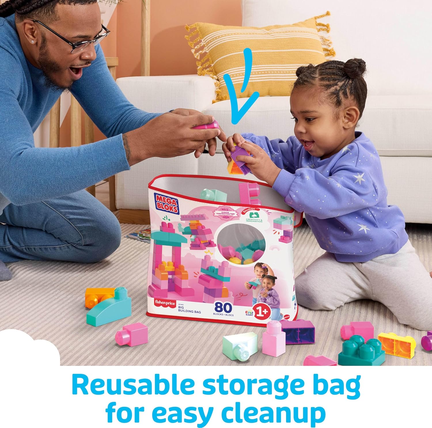 MEGA BLOKS First Builders Toddler Blocks Toys Set, Big Building Bag with 80 Pieces and Storage, Pink, Ages 1+ Years 24hrsmart