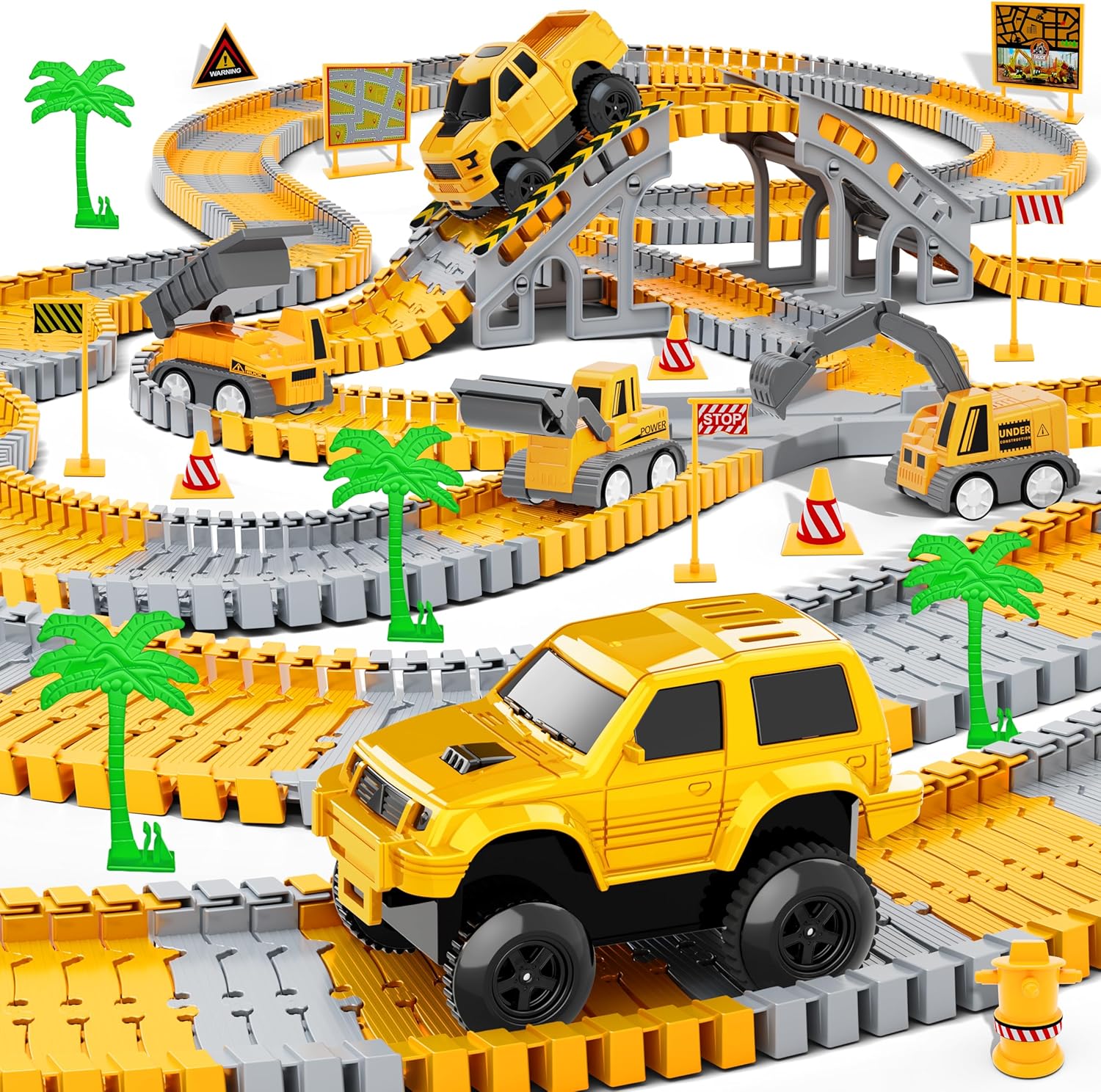Kids Toys 253 PCS Construction Race Tracks Toy for 3 4 5 6 7 8 Year Old Boys Girls, 5 PCS Construction Truck Car and Flexible Track Play Set Create A Engineering Road Games Toddler Toys Birthday Gifts 24hrsmart