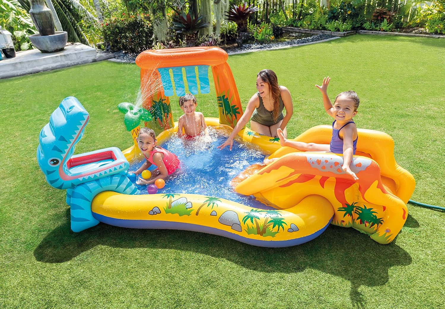 Intex Inflatable Dinosaur Play Center Outdoor Playhouse Inflatable Water Park with Kid Pool Slide, Water Sprayer, Waterfall, and 6 Balls, Multicolor 24hrsmart