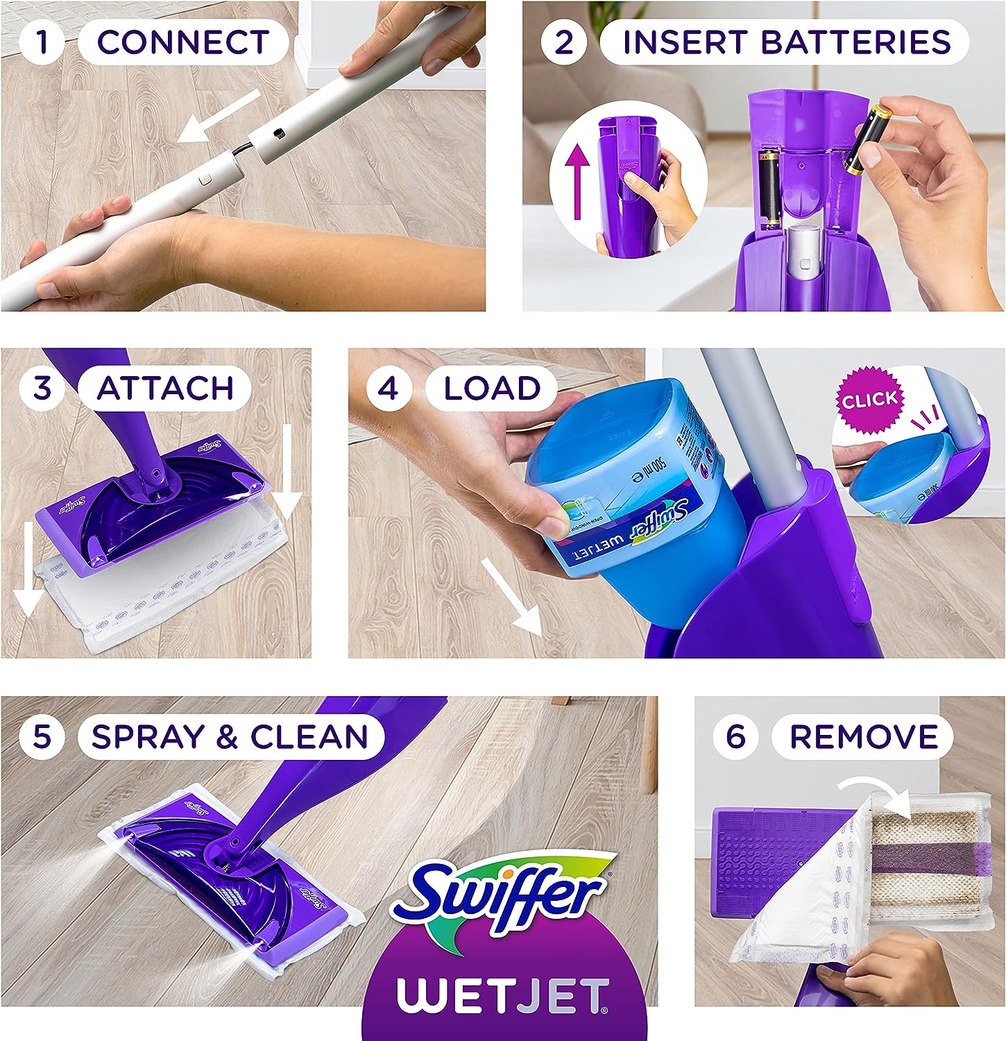 Swiffer WetJet Hardwood and Floor Spray Mop Cleaner Starter Kit, Includes: 1 Power Mop, 10 Pads, Cleaning Solution, Batteries - 24hrsmart