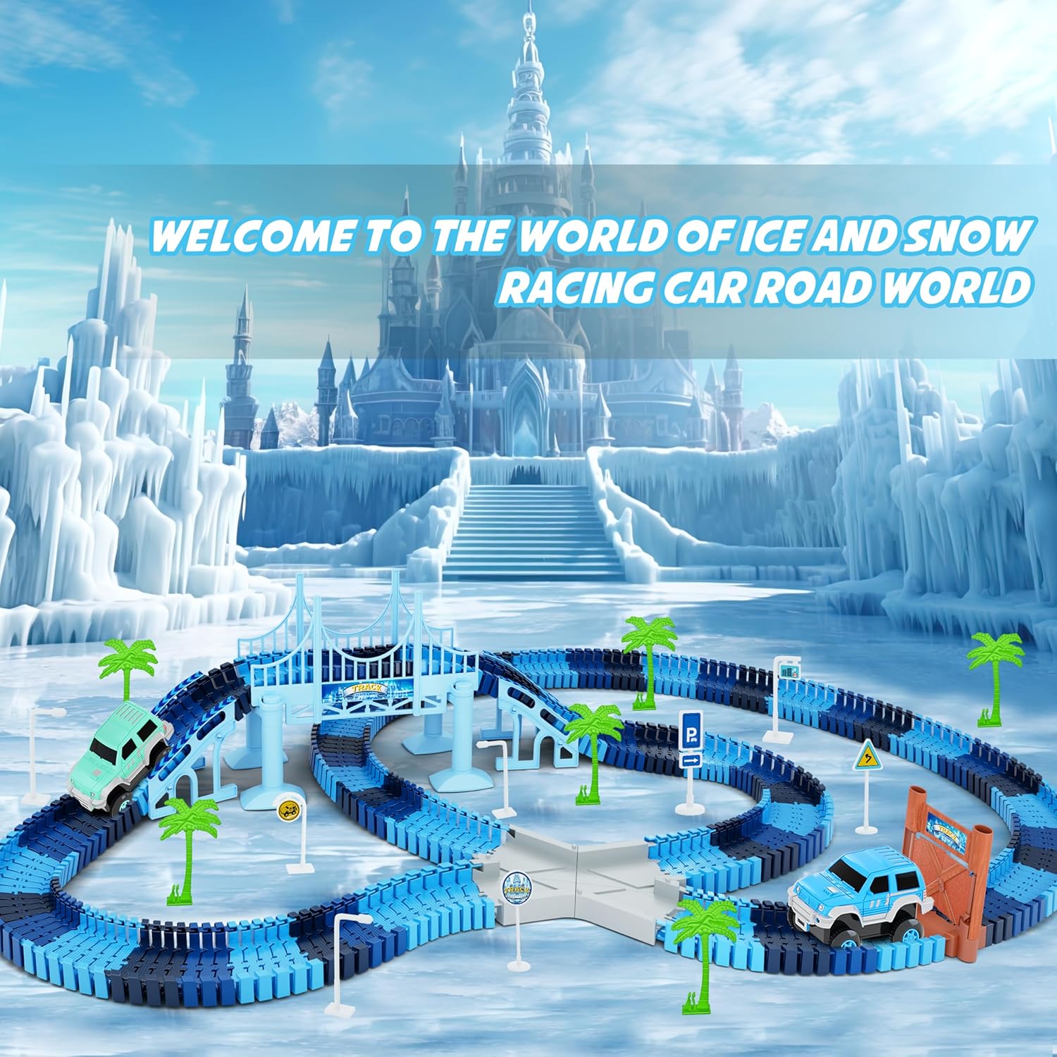 Dinosaur Toys, 252 PCS Create A Dinosaur World Road Race Tracks, Flexible Track Playset, 2pcs Dinosaur Car for 3 4 5 6 Year Old Boys Girls Birthday Party Favor Gift 24hrsmart