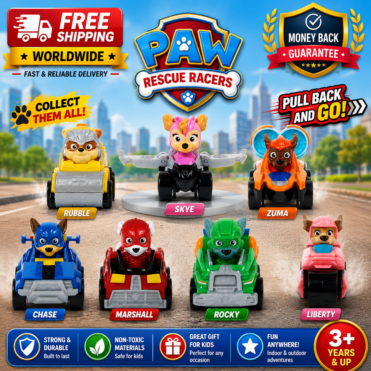 PAW Rescue Racers toy set featuring six dog-shaped racing cars in blue, yellow, orange, red, green, and pink, displayed on 