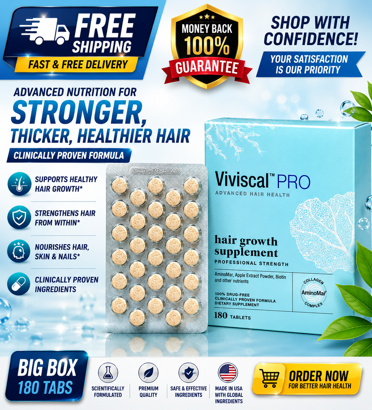 Viviscal PRO hair growth supplement box displayed next to a blister pack containing dietary tablets.