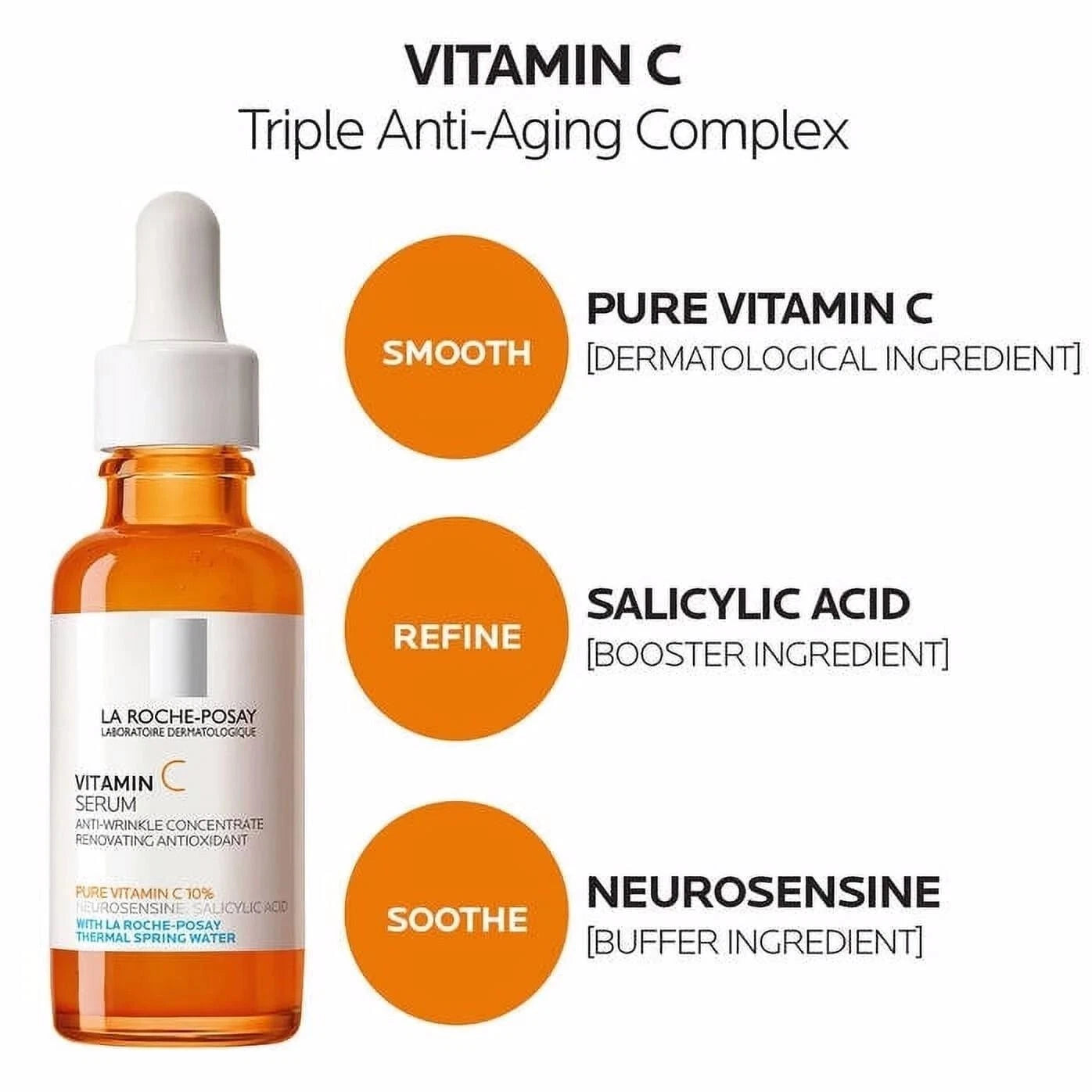"La Roche-Posay Vitamin C serum bottle displayed alongside key ingredients: Pure Vitamin C, Salicylic Acid, and Neurosensine."