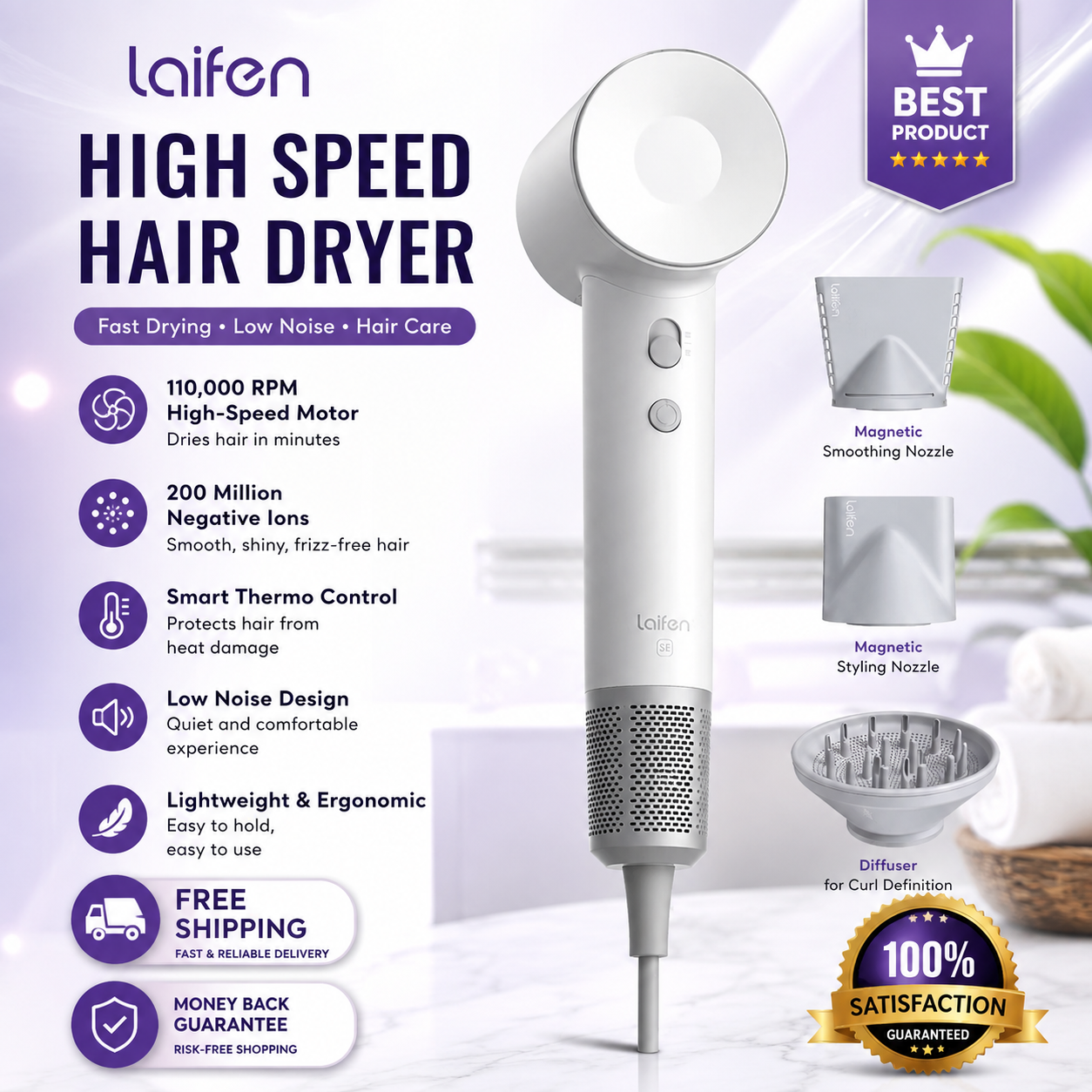 Laifen SE Hair Dryer Blow-Dryer Ionic Technology Temperature Cycling White