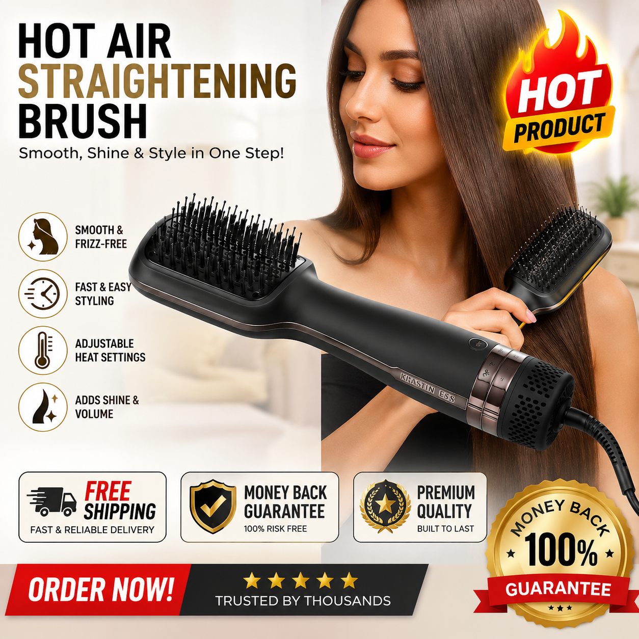 Kristin Ess Blow Dry Detangling Styling Hair Brush 1500 Watts 9FT Cord