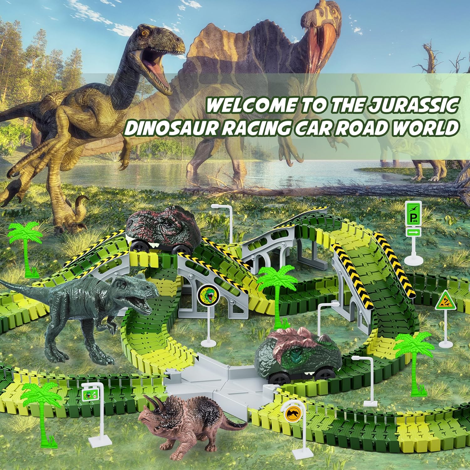 Dinosaur Toys, 252 PCS Create A Dinosaur World Road Race Tracks, Flexible Track Playset, 2pcs Dinosaur Car for 3 4 5 6 Year Old Boys Girls Birthday Party Favor Gift 24hrsmart